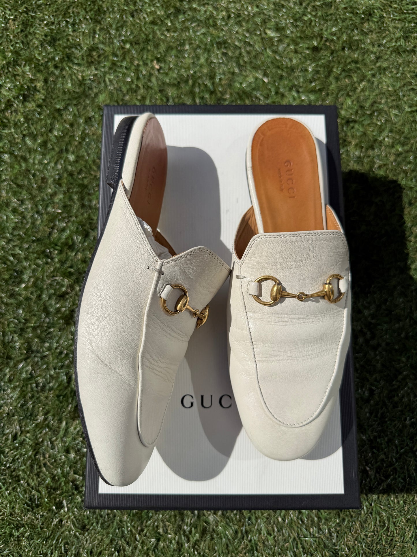 Gucci Princetown Horsebit Logo White Ivory Leather Slippers Mules Slides Pre-Owned