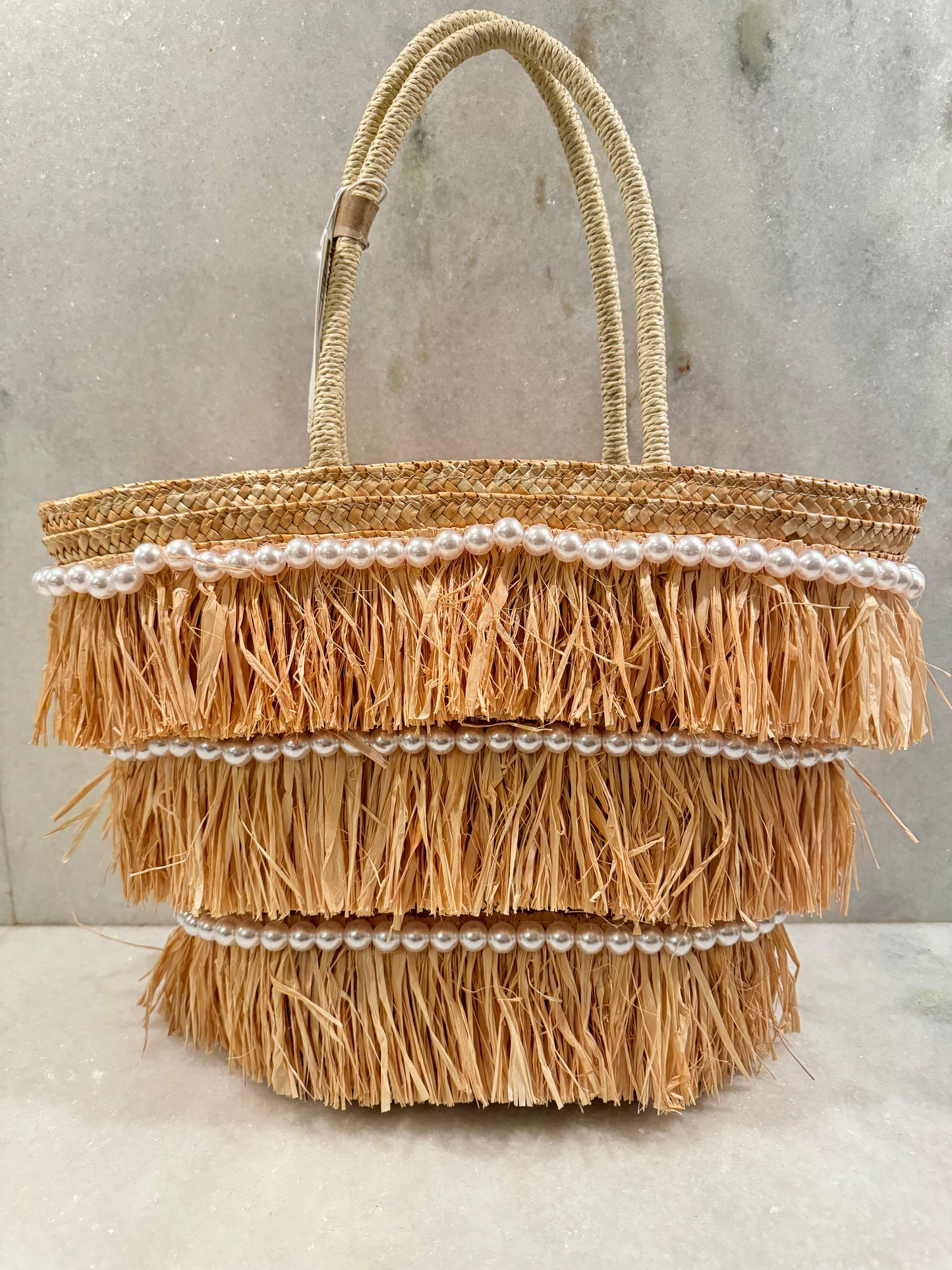 Urban Expressions Shakira Fringe Double Handle Straw Raffia Pearl Embellished Natural Beige Shopper Tote Beach Bag Handbag