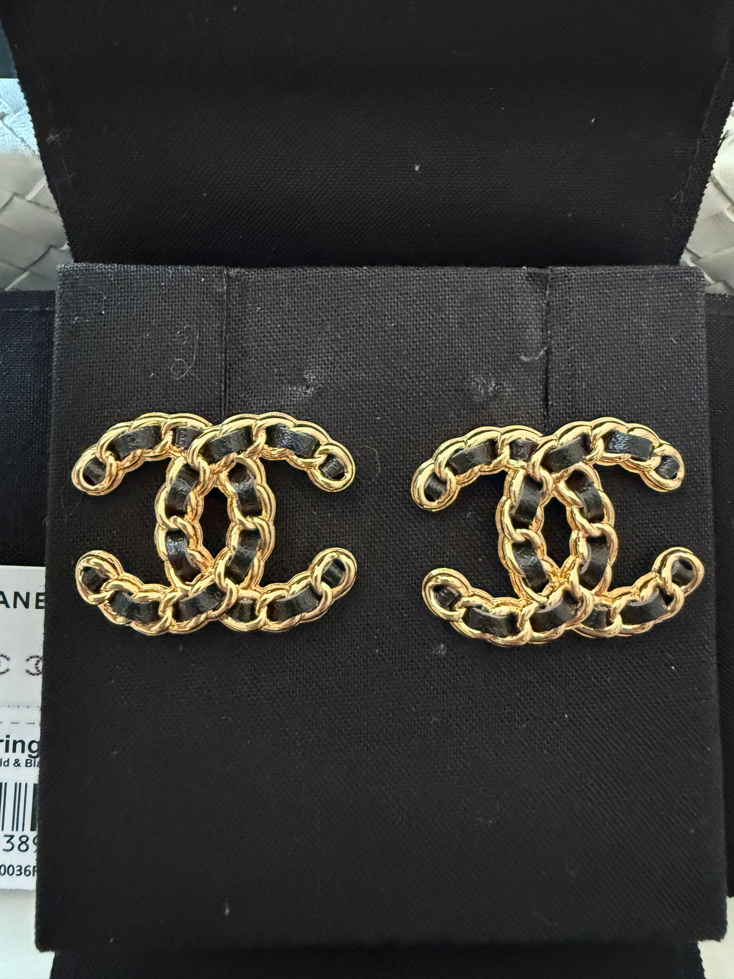 Chanel Black Lambskin Leather Chain Gold CC Logo Earrings Studs