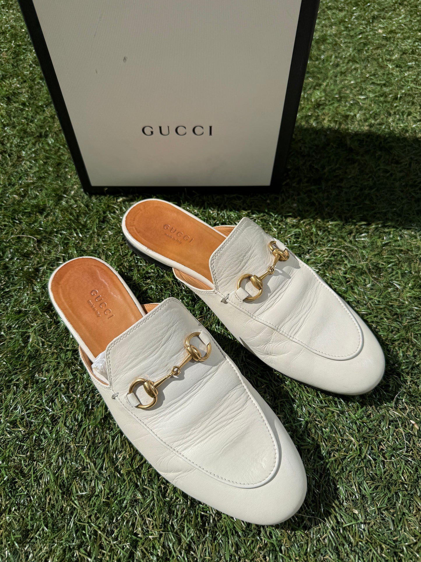 Gucci Princetown Horsebit Logo White Ivory Leather Slippers Mules Slides Pre-Owned