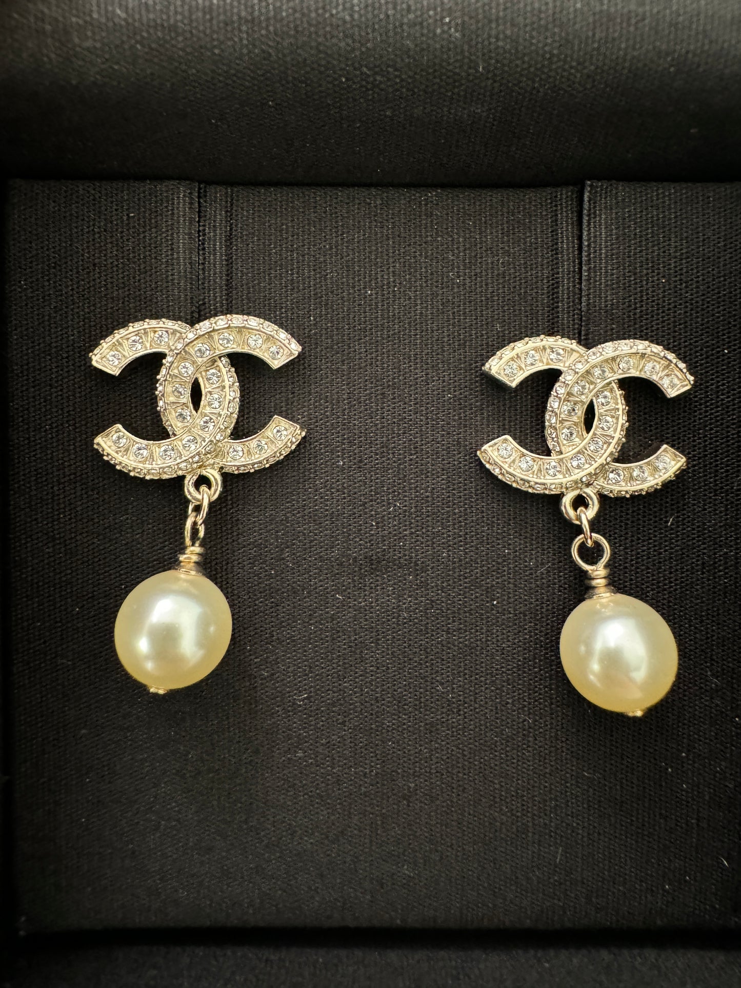 Chanel 23V Strass REV CC Logo Gold Crystal Stud White Pearl Drop Dangle Earrings