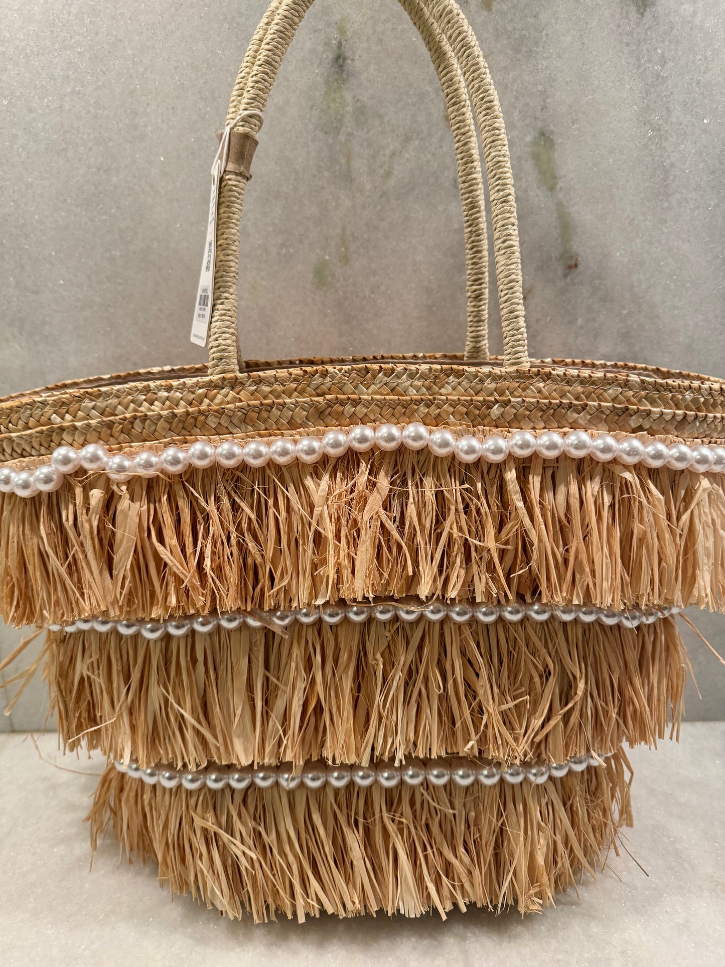 Urban Expressions Shakira Fringe Double Handle Straw Raffia Pearl Embellished Natural Beige Shopper Tote Beach Bag Handbag