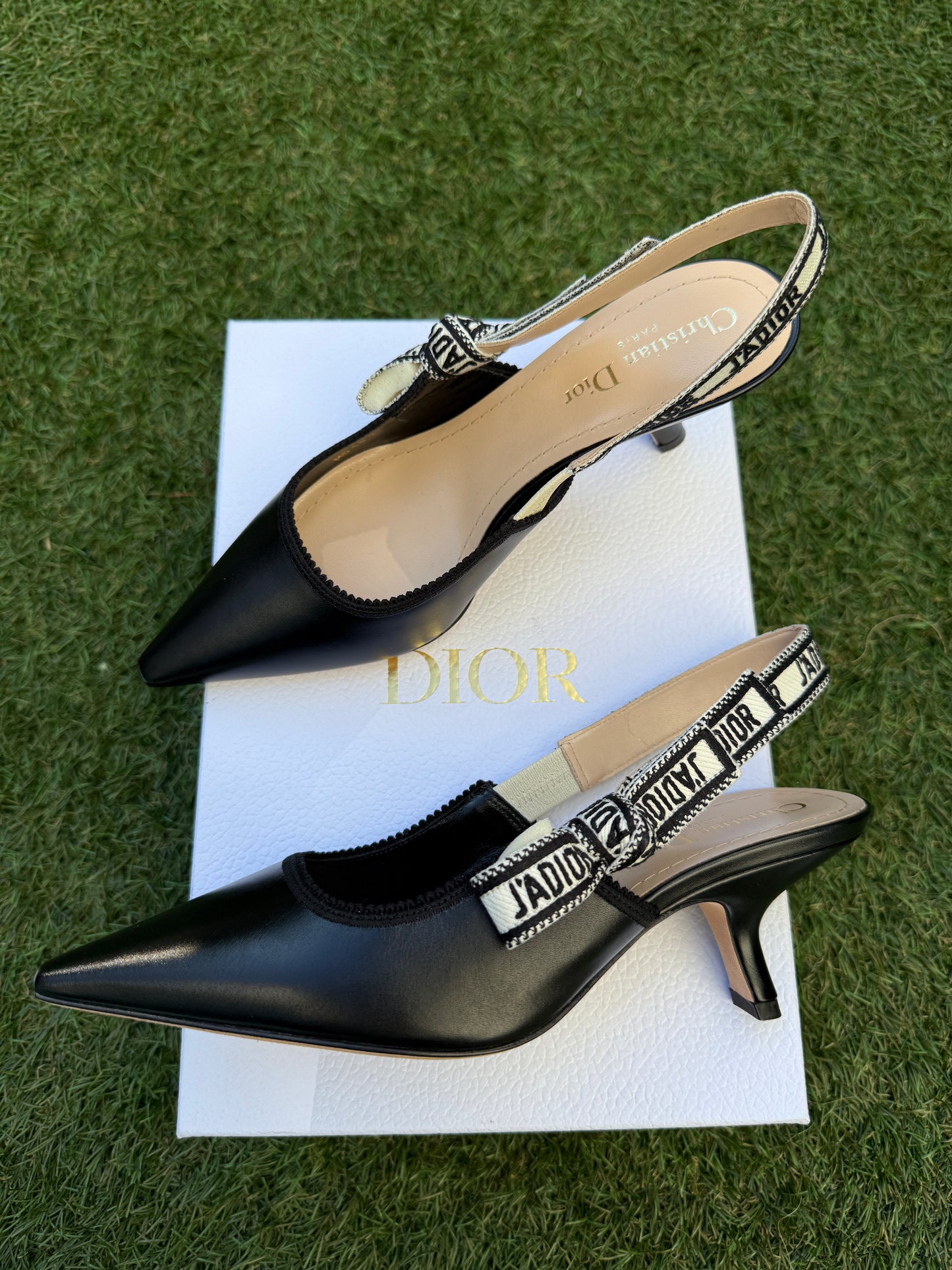 CHRISTIAN DIOR J'ADIOR BLACK CALFSKIN LEATHER SHOES SLINGBACKS KITTEN HEEL