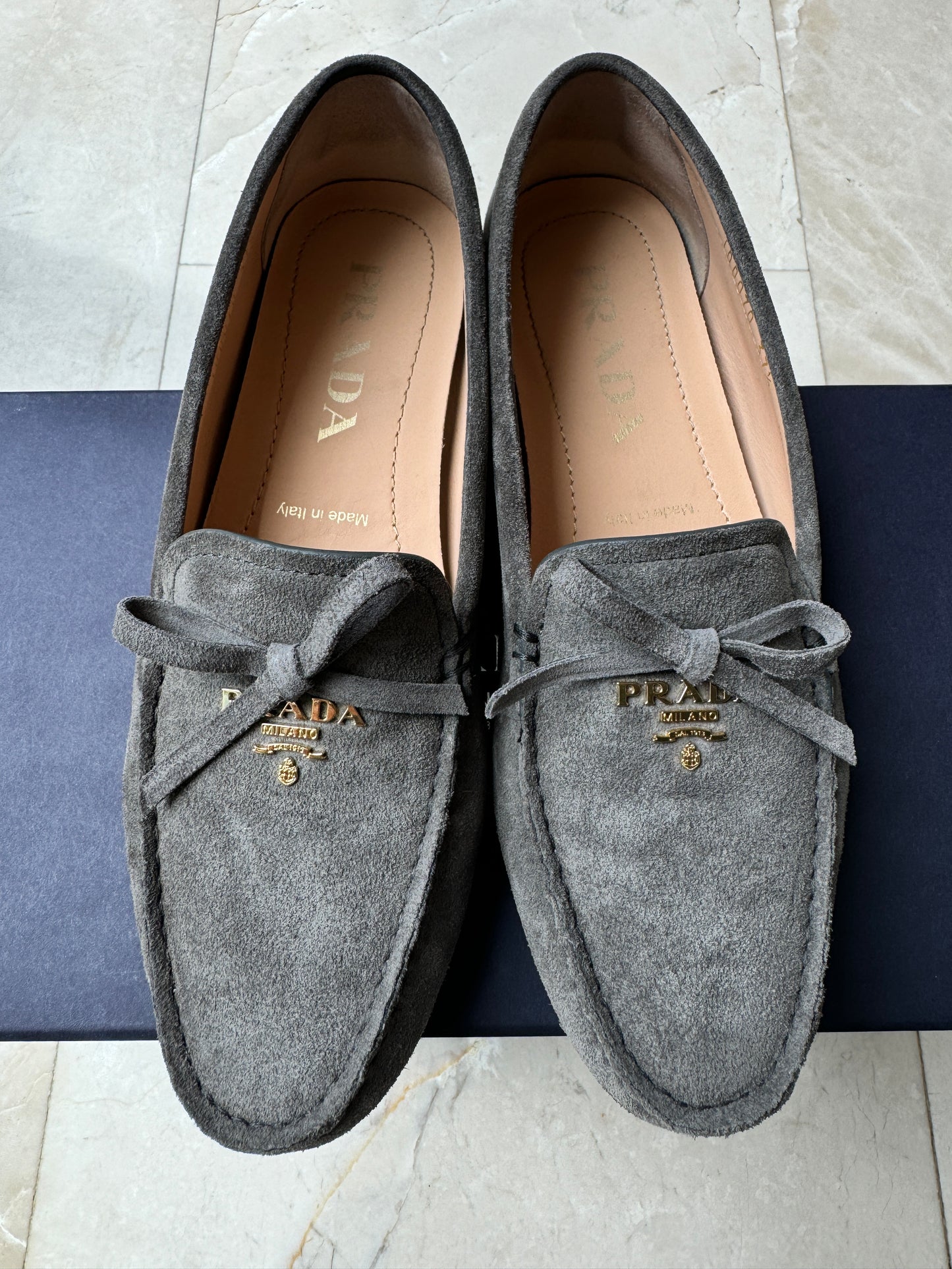 Prada Gray Ghiaia Suede Bow Gold Logo Drivers Driving Loafers