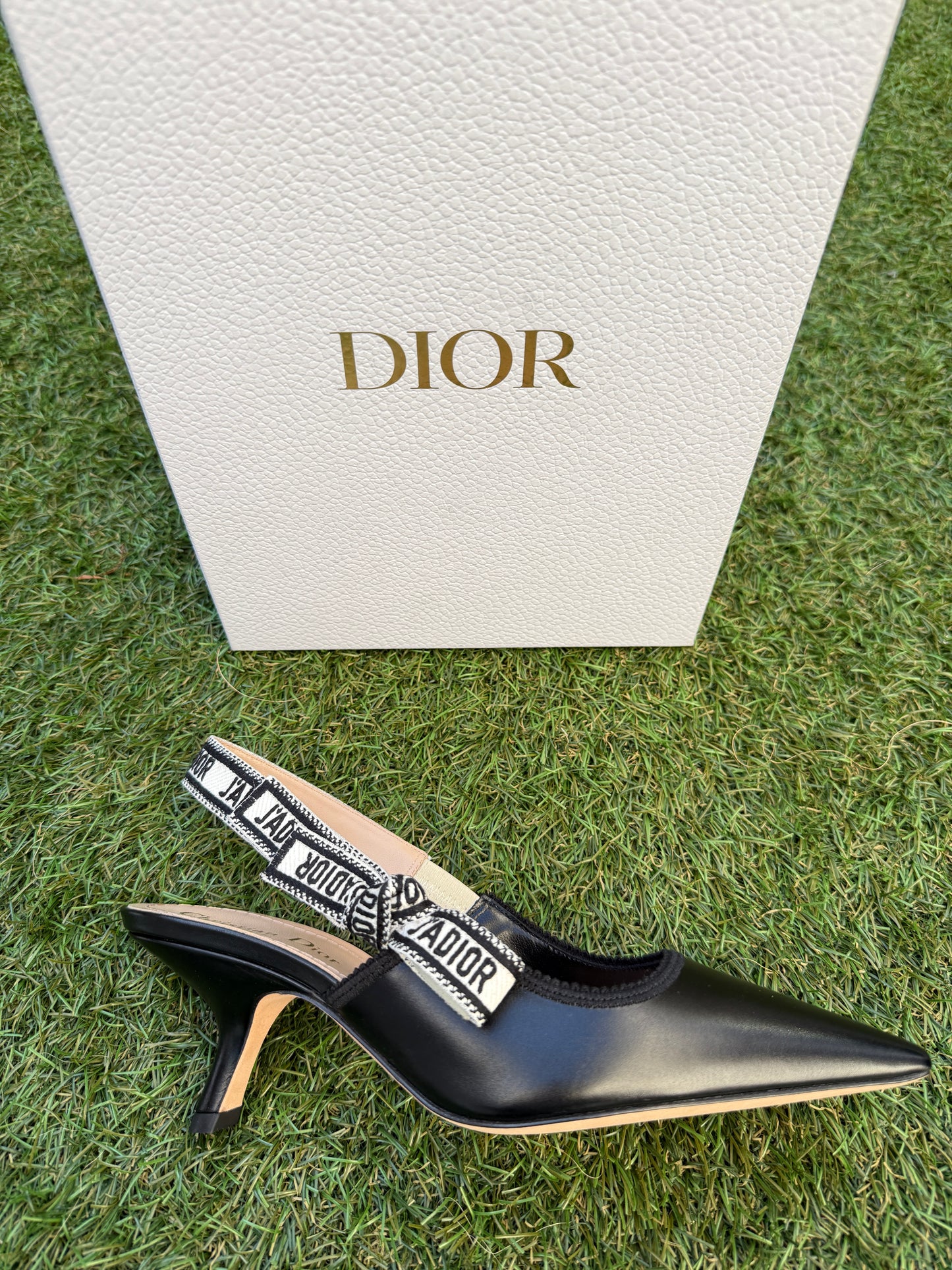 CHRISTIAN DIOR J'ADIOR BLACK CALFSKIN LEATHER SHOES SLINGBACKS KITTEN HEEL