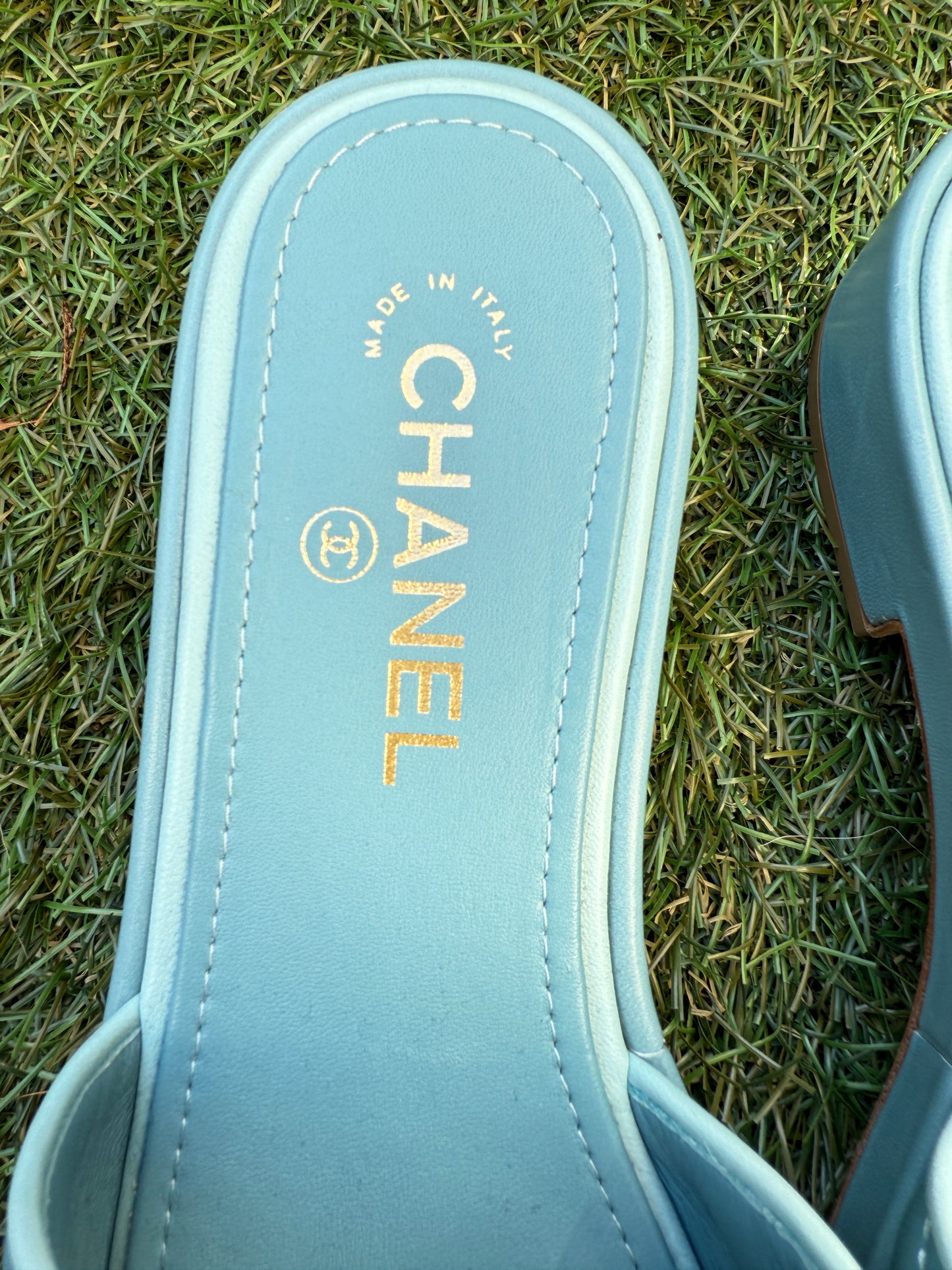 CHANEL CC LOGO BLUE MESH LIGHT TEAL FLAT SLIDES SANDALS MULES