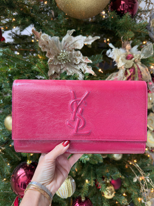 YSL Saint Laurent Patent Leather Large Sac Belle de Jour Fleur Corrigee Pigmentee Fuchsia Pink Clutch Handbag