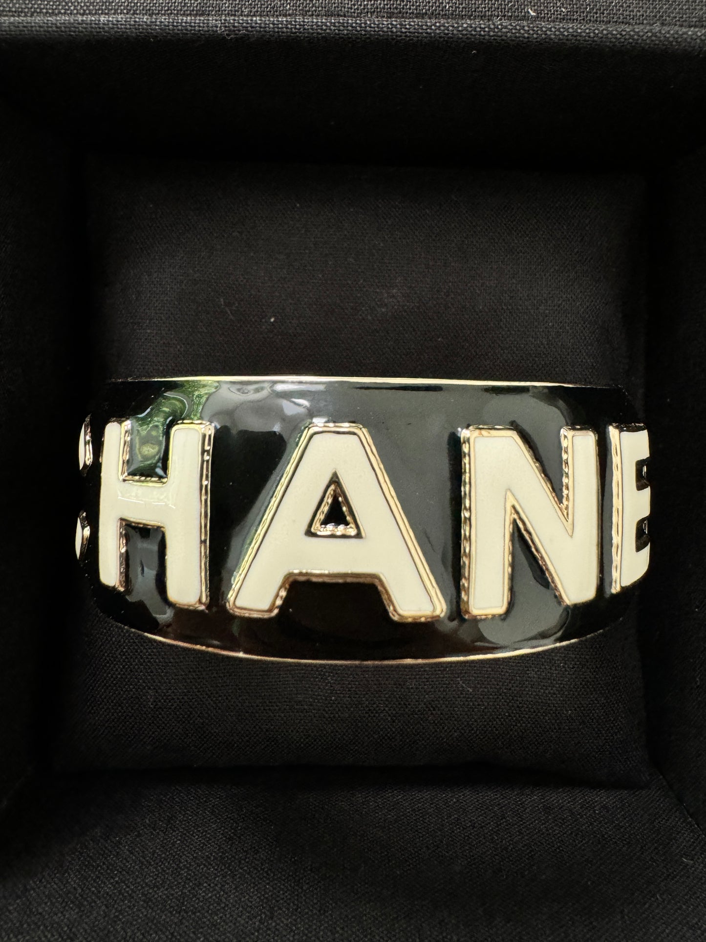 CHANEL 22A ENAMEL BLACK WHITE GOLD  METAL CUFF LOGO LARGE BANGLE BRACELET SMALL