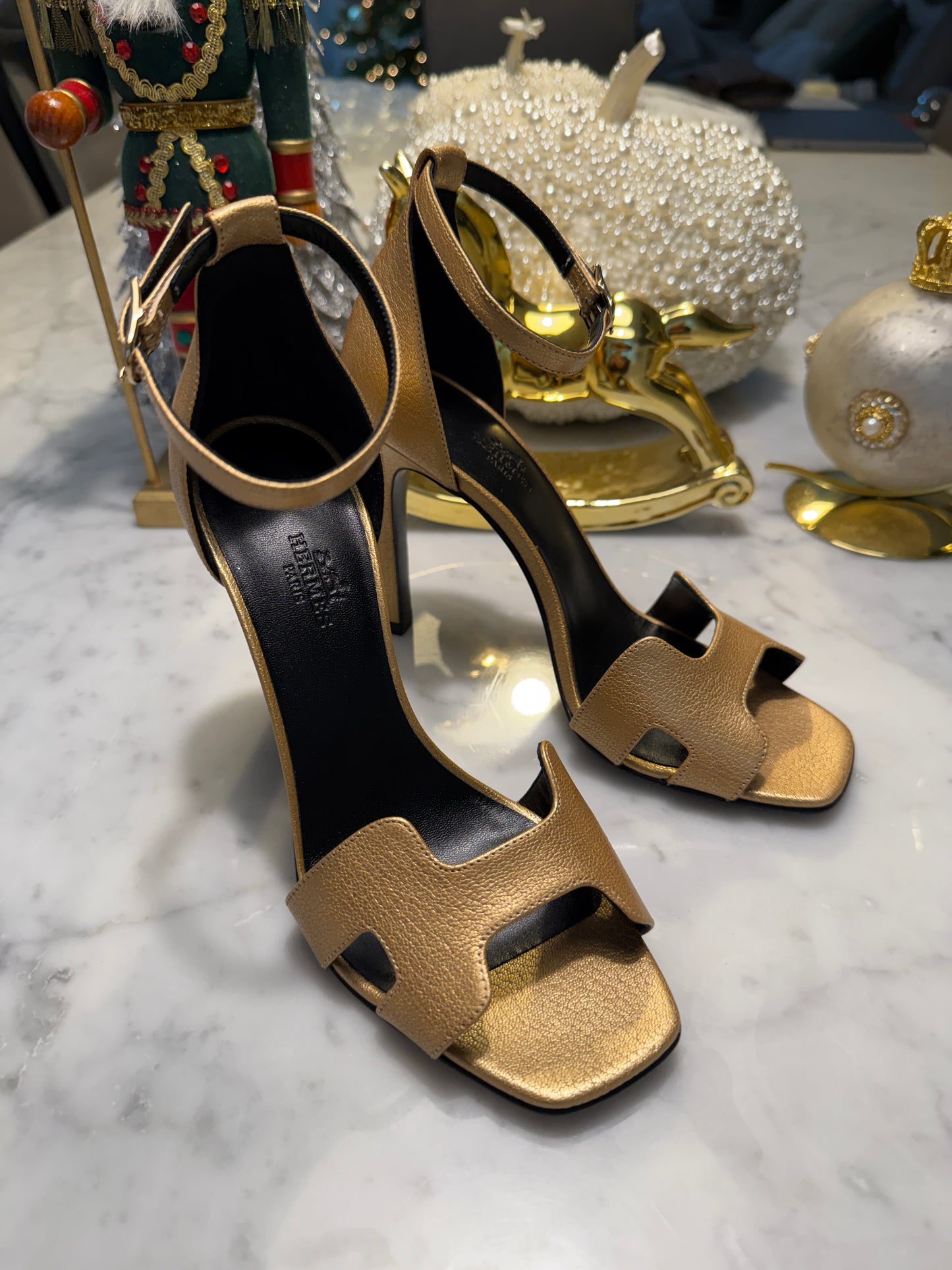 Hermes Joy 105 Dore Gold Golden Goatskin Metallic Ankle Strap Sandal Heels