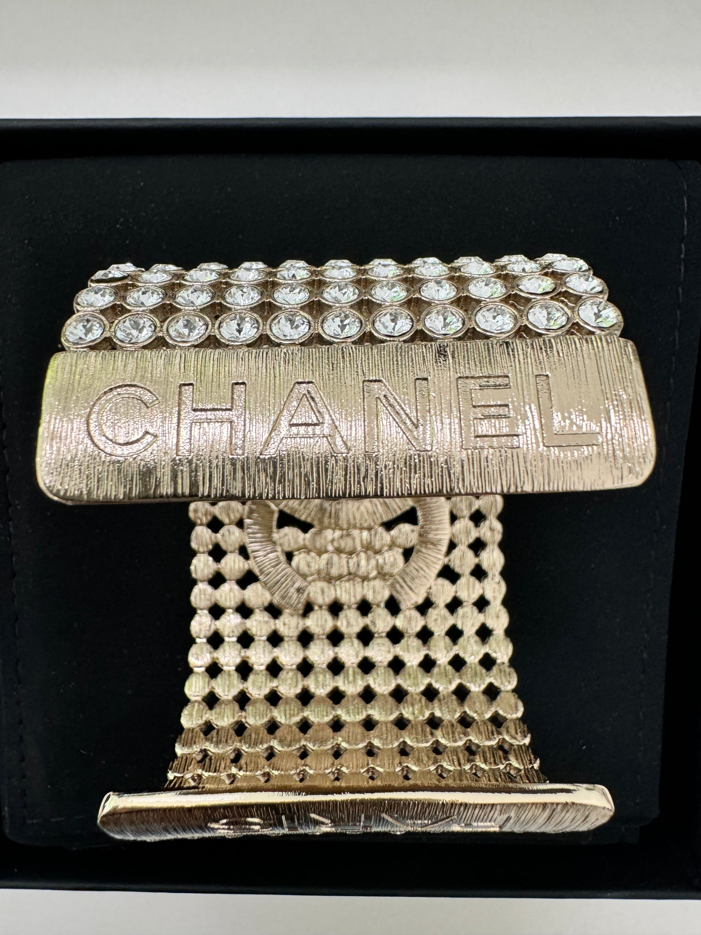 CHANEL 23S GOLD TONE CRYSTAL STRASS METAL CUFF CC LOGO BANGLE BRACELET SMALL S