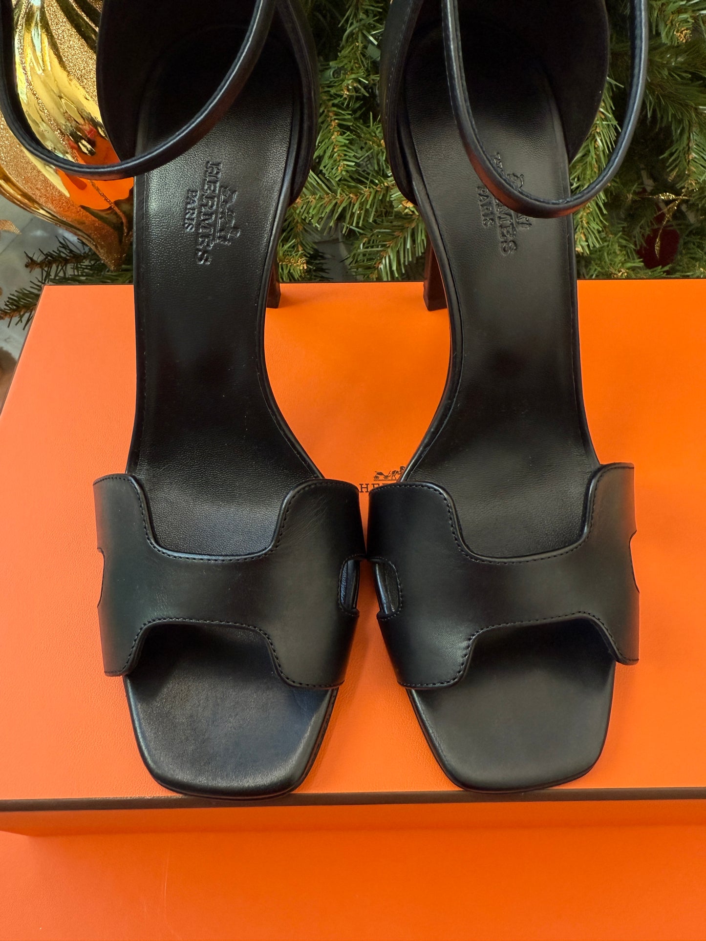 Hermes Joy 105 Noir Black Calfskin Leather Smooth Ankle Strap Sandal Heels