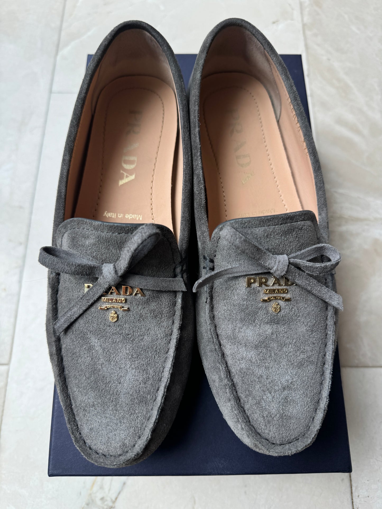 Prada Gray Ghiaia Suede Bow Gold Logo Drivers Driving Loafers