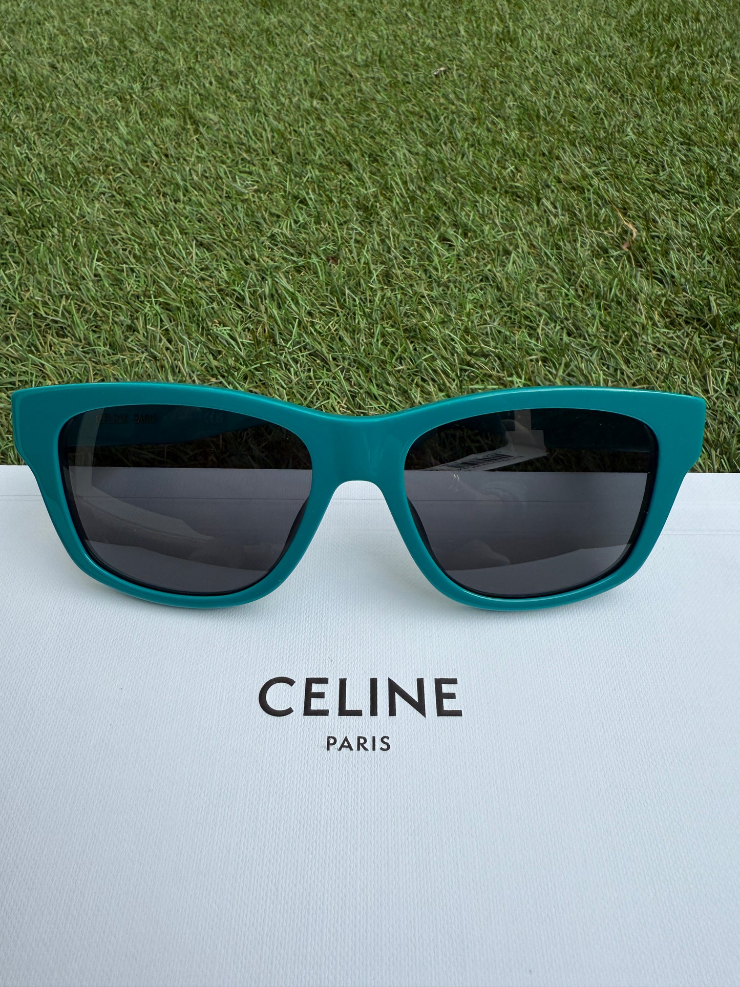 Celine MONOCHROMS 55mm Square Shiny Turquoise Smoke Green Sunglasses CL40249U