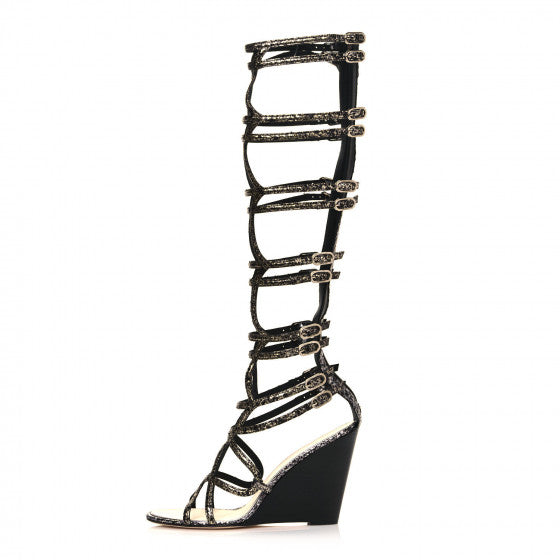 Chanel 10P Metallic Lambskin Gladiator Caged Wedge Strap Sandals Argent Black Snakeskin Shoes