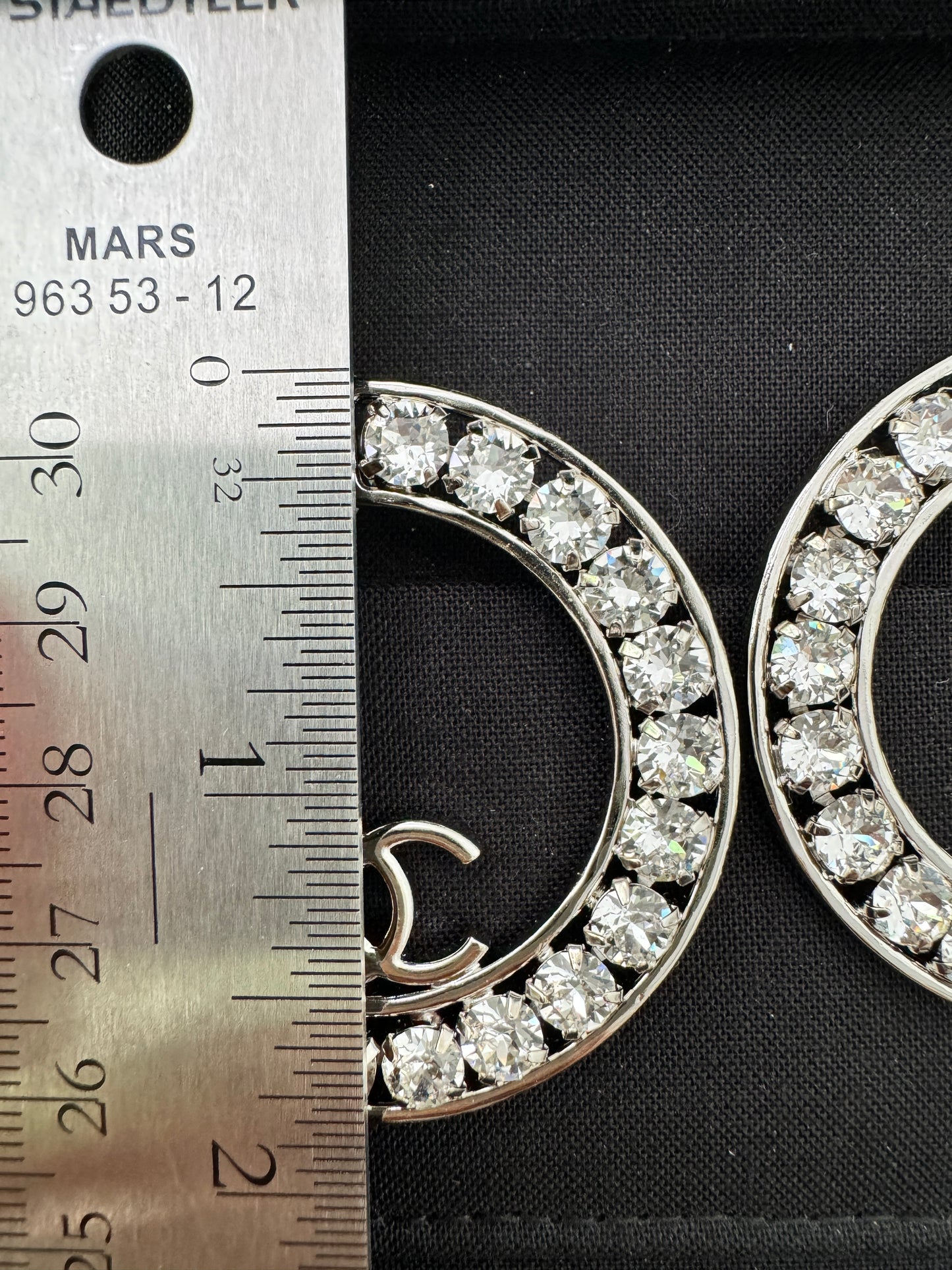 23A CHANEL SILVER CC LOGO LARGE CRYSTALS CRYSTAL METAL XL HOOP HOOPS EARRINGS