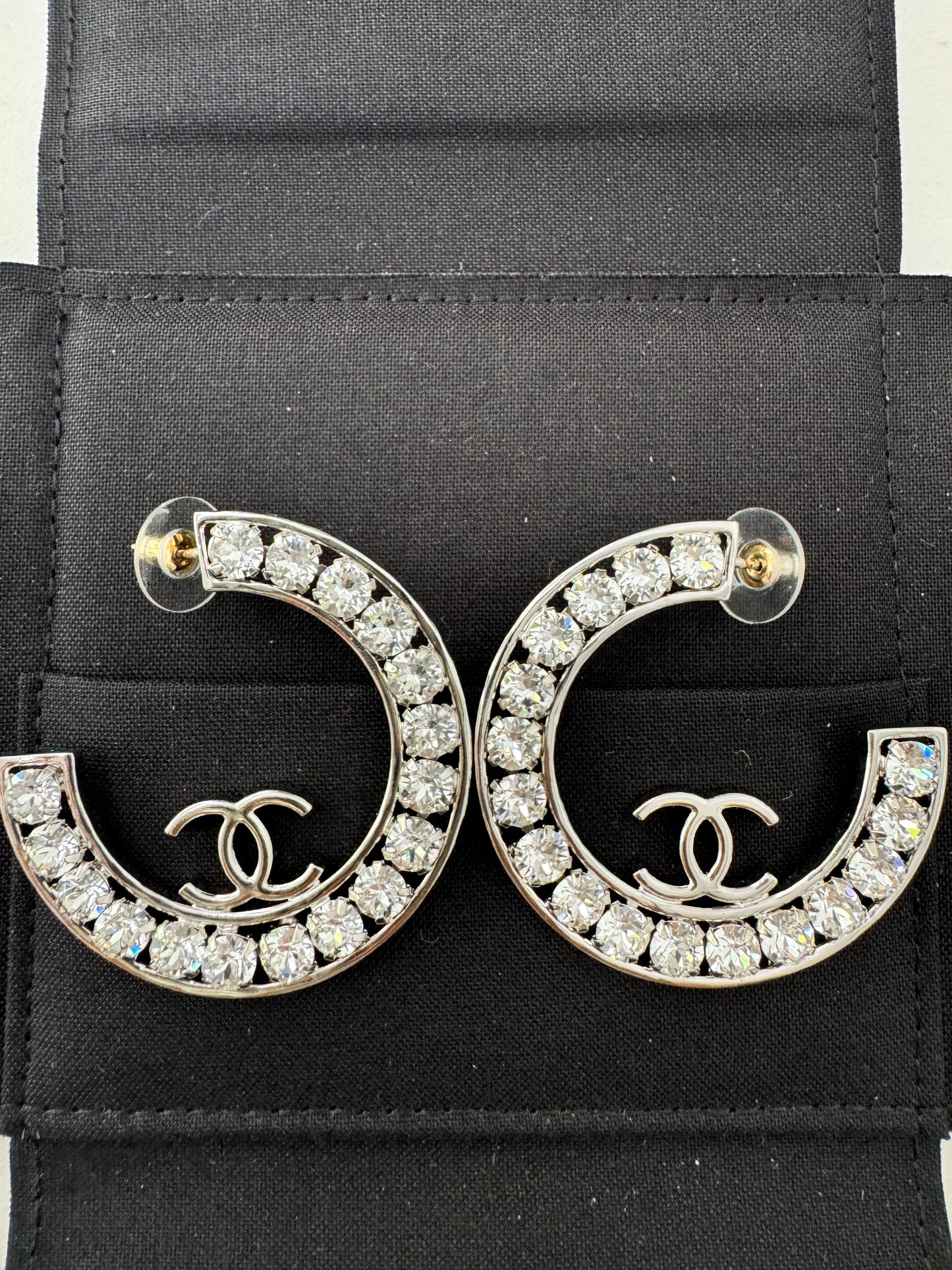 23A CHANEL SILVER CC LOGO LARGE CRYSTALS CRYSTAL METAL XL HOOP HOOPS EARRINGS