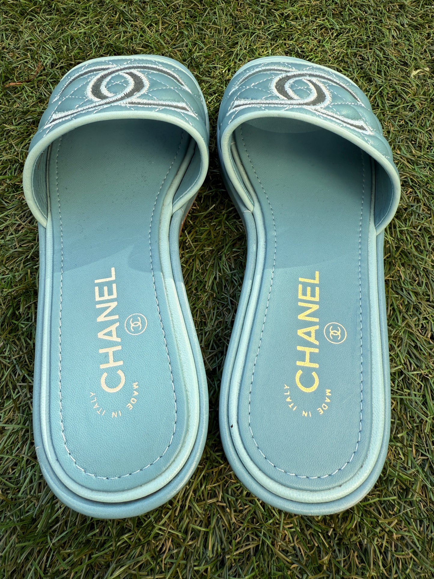 CHANEL CC LOGO BLUE MESH LIGHT TEAL FLAT SLIDES SANDALS MULES