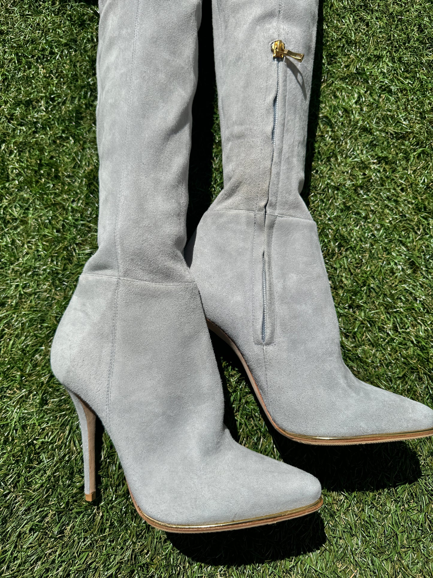 $3K Balmain 110 Catherine Stretch Over The Knee Thigh High Gray Suede Boots