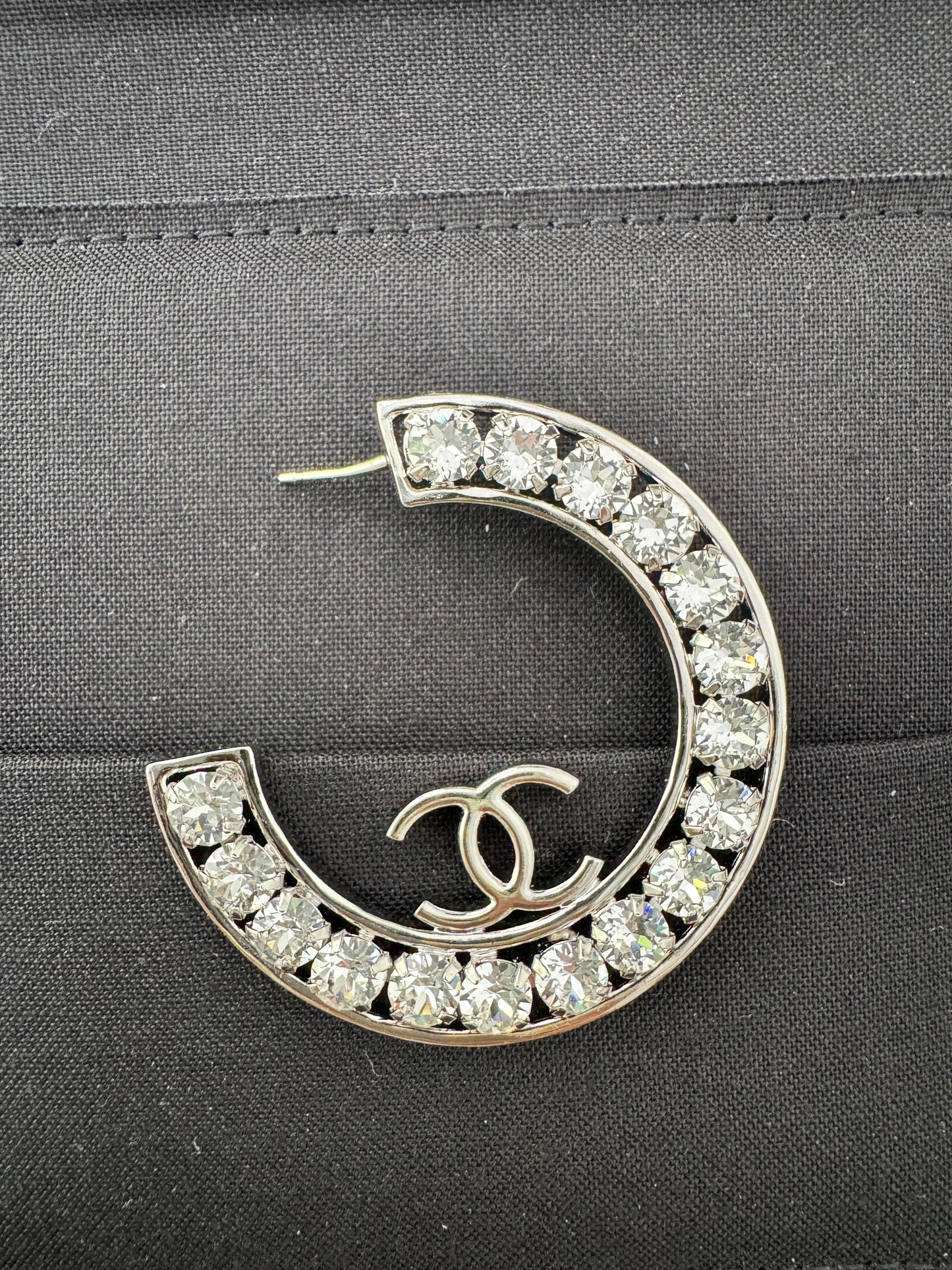 23A CHANEL SILVER CC LOGO LARGE CRYSTALS CRYSTAL METAL XL HOOP HOOPS EARRINGS