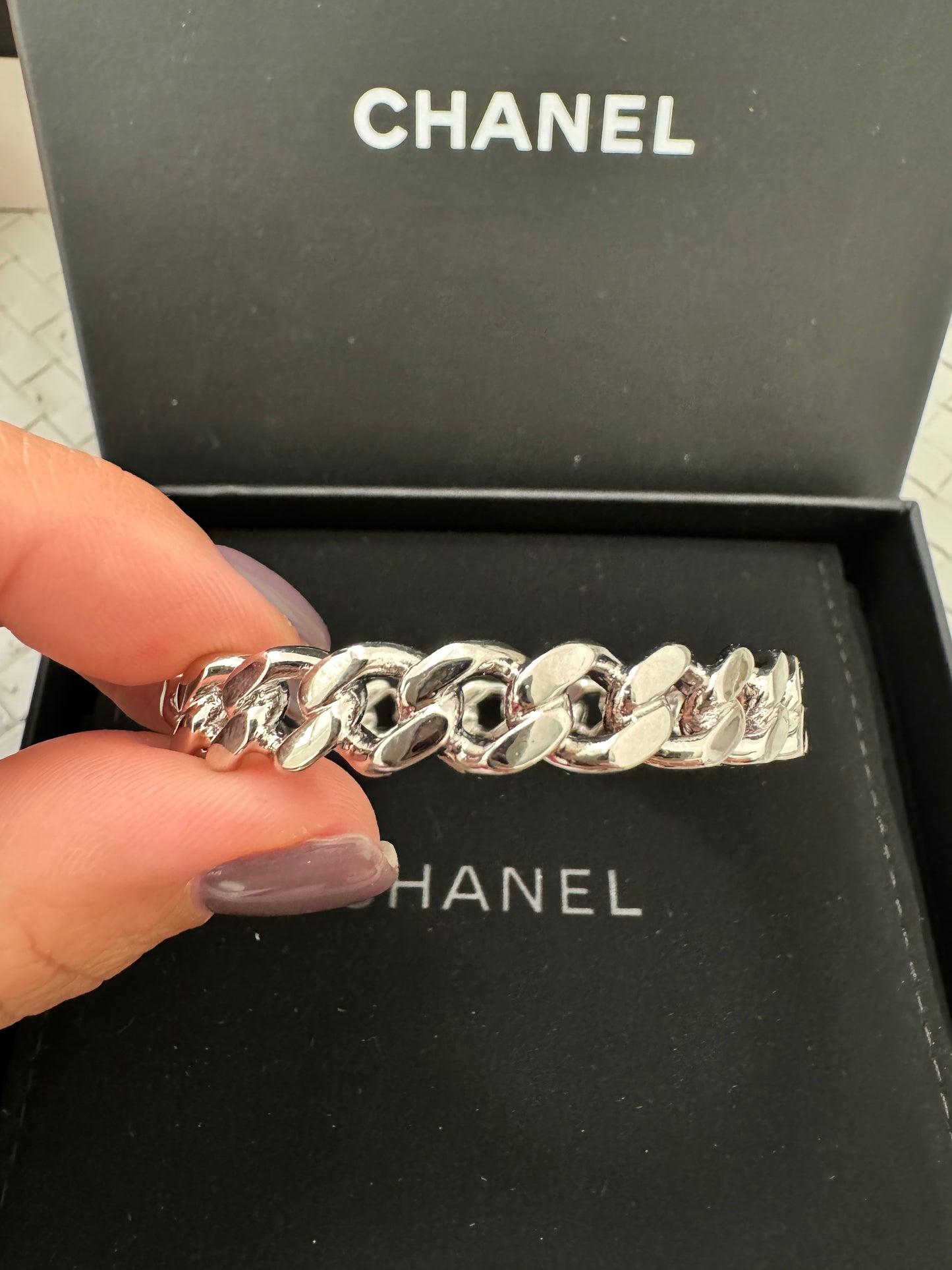 Chanel 22A Metal Silver Tone Chain Cuban Link CC Logo Cuff Bangle Bracelet S