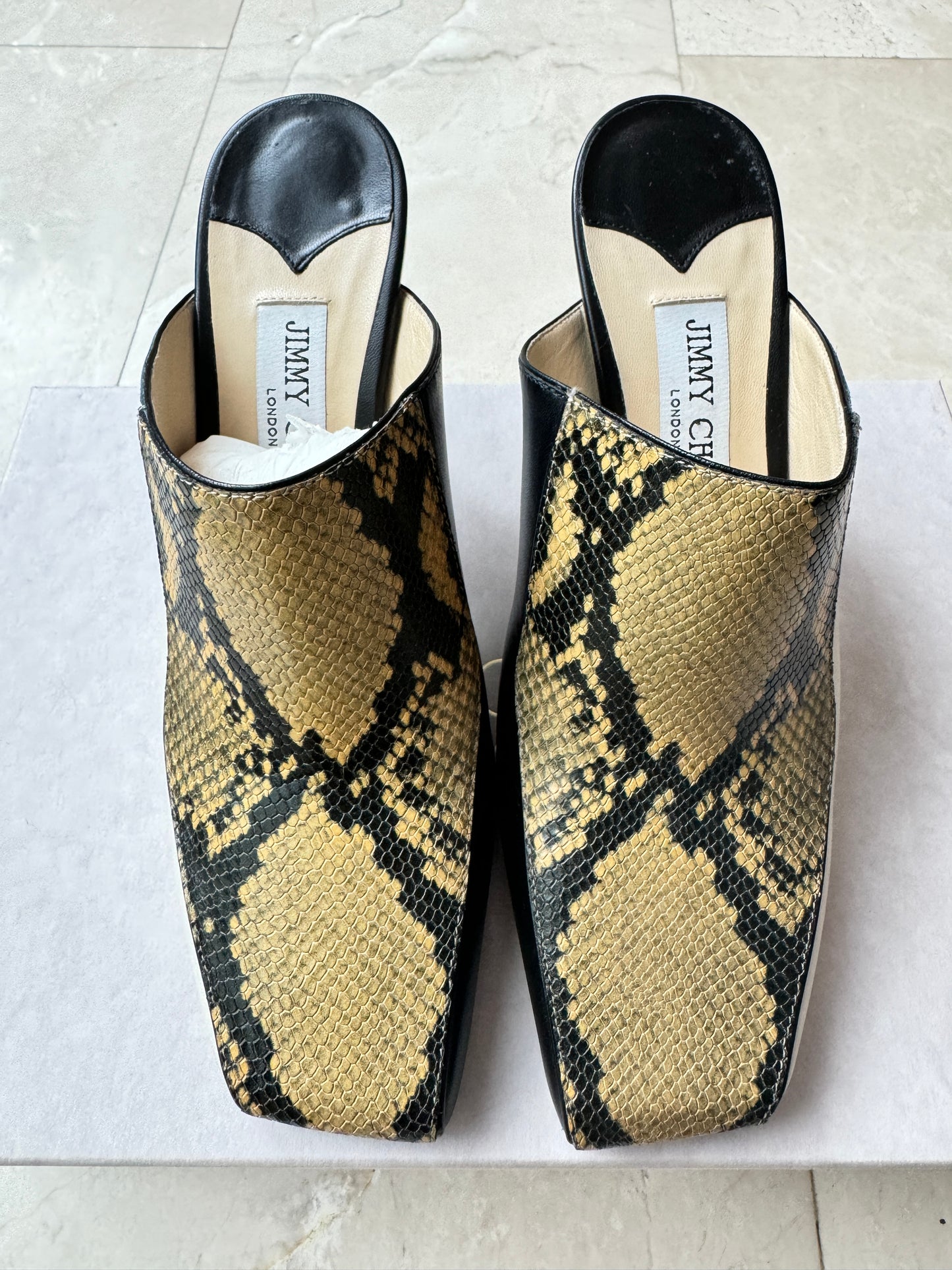 Jimmy Choo Marcel 85 smooth and snake-effect leather mules square toe pre-owned