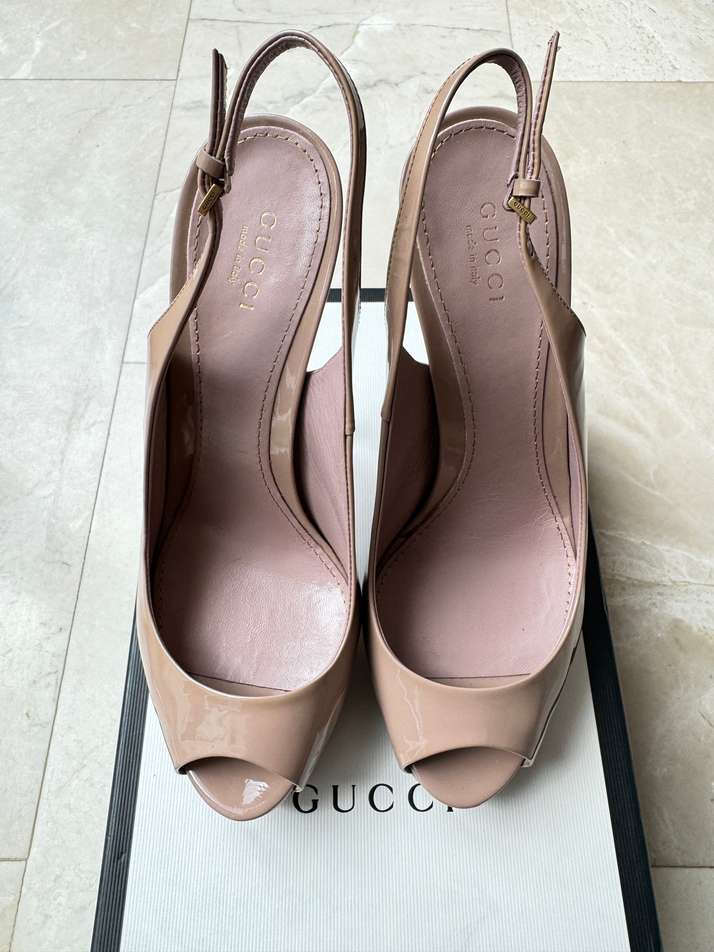 Gucci Pale Pink Blush Patent Leather Peeptoe Slingback Platform Heels Pre-Owned