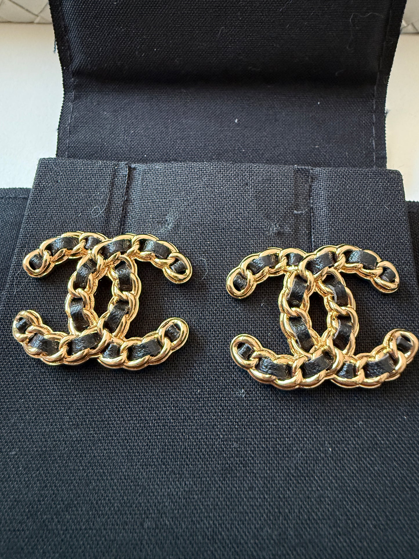 Chanel Black Lambskin Leather Chain Gold CC Logo Earrings Studs