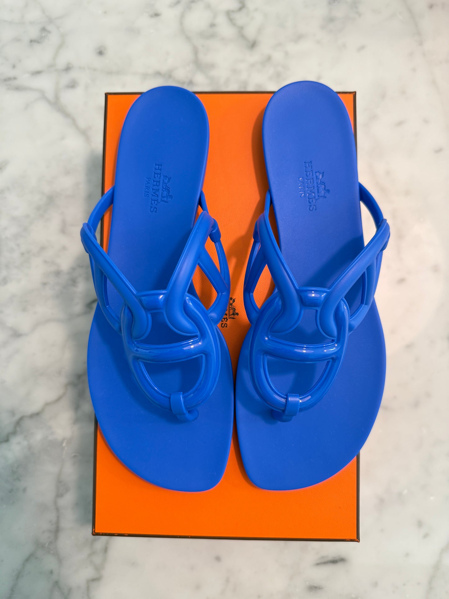 HERMES Egerie Bleu Outremer Chaine d'Ancre Motif Sandal TPU Jelly Slides