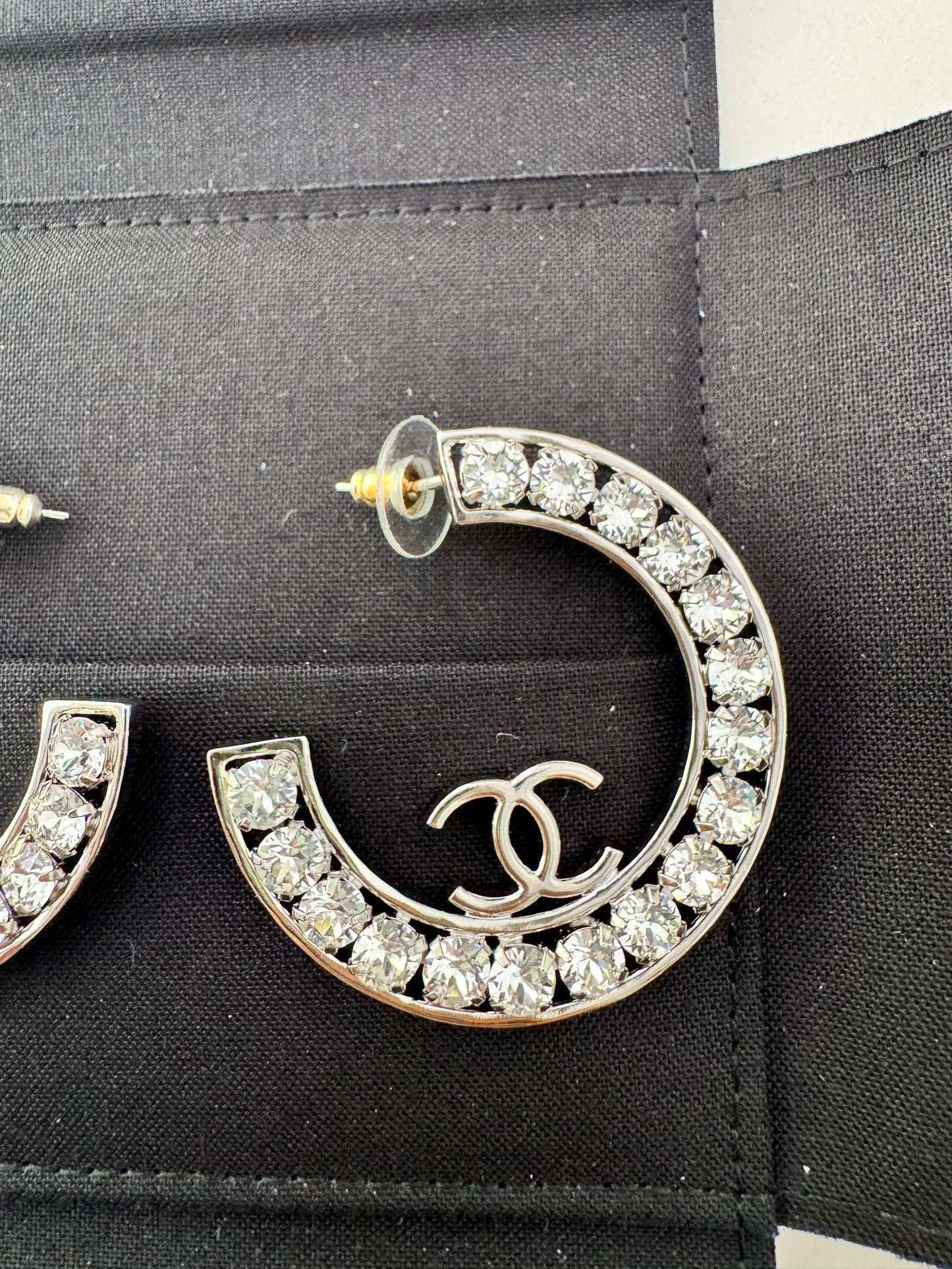 23A CHANEL SILVER CC LOGO LARGE CRYSTALS CRYSTAL METAL XL HOOP HOOPS EARRINGS