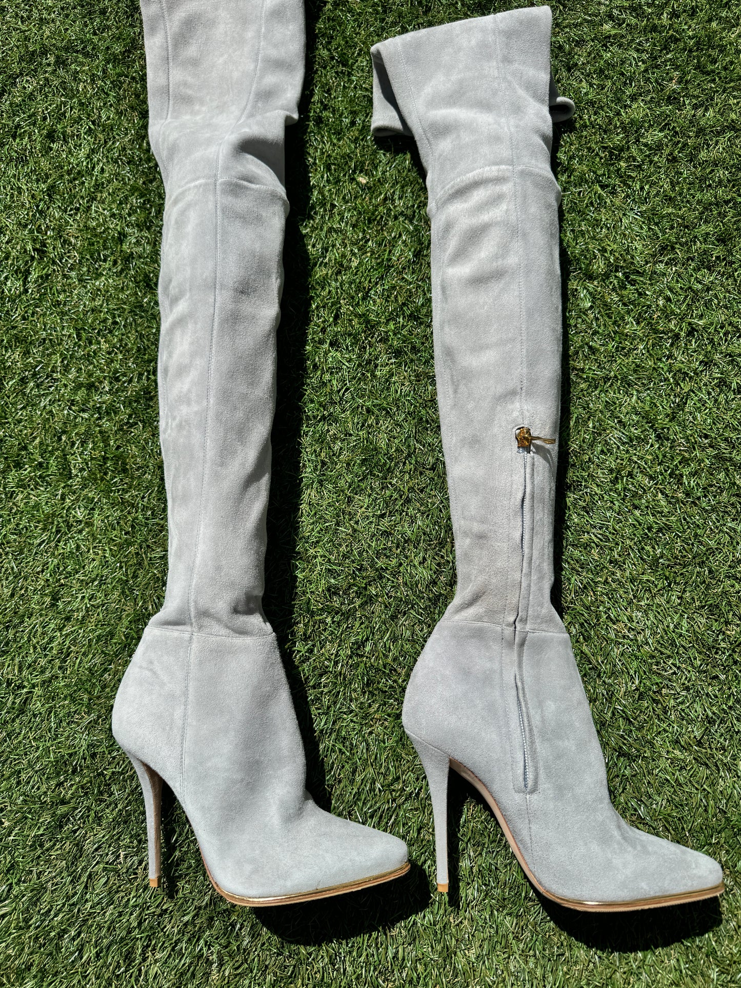 $3K Balmain 110 Catherine Stretch Over The Knee Thigh High Gray Suede Boots