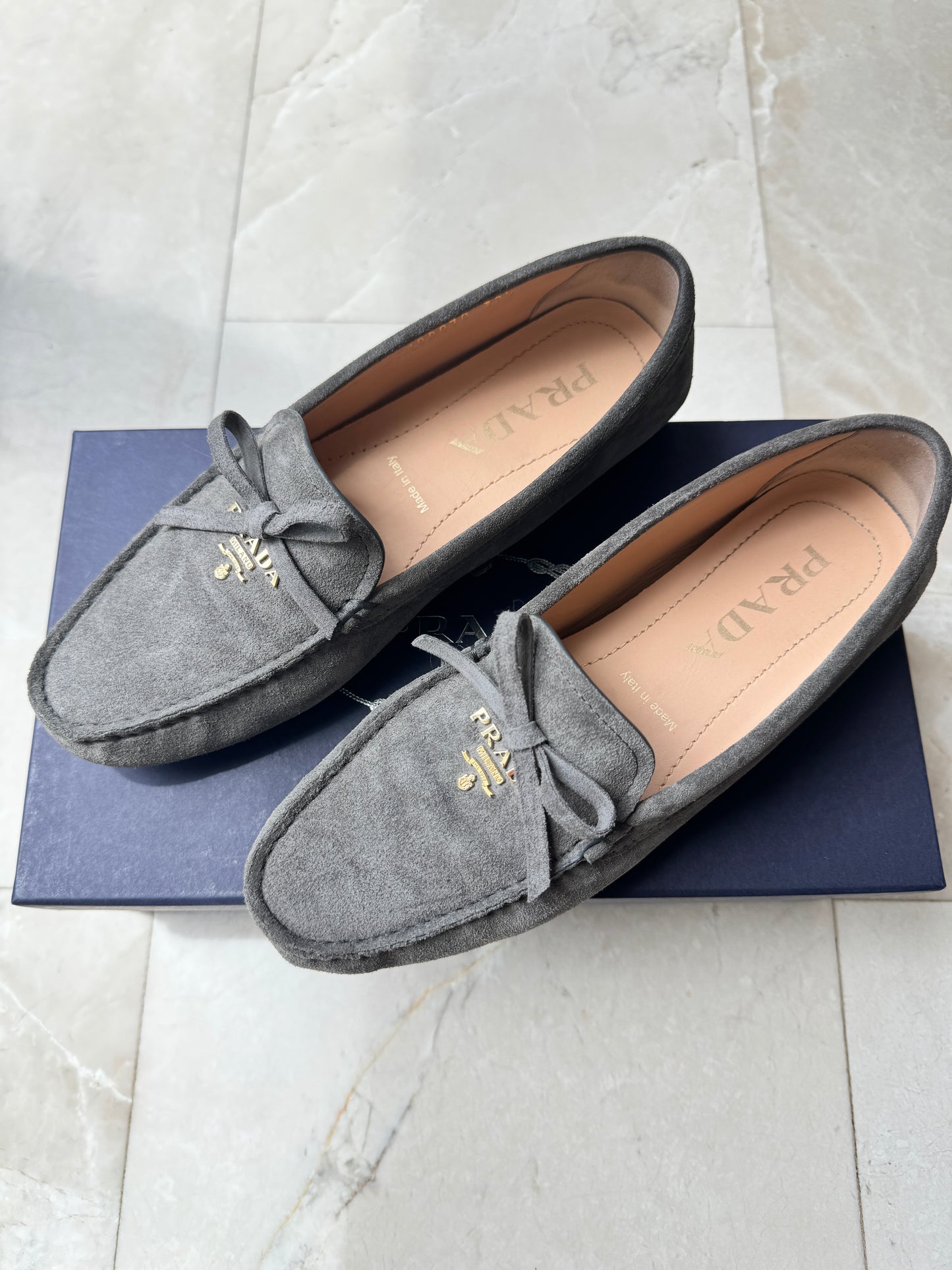 Prada Gray Ghiaia Suede Bow Gold Logo Drivers Driving Loafers