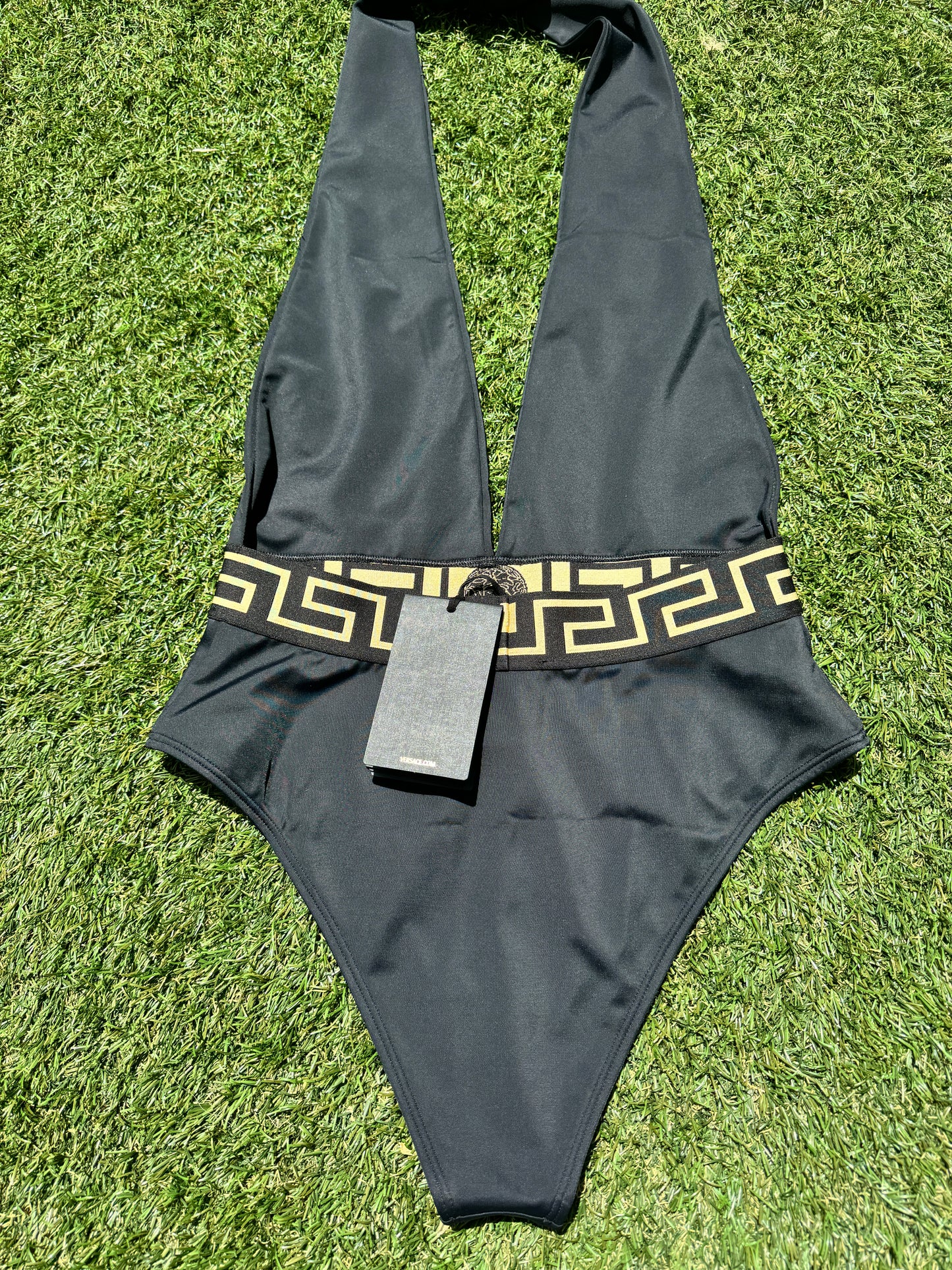 Versace Greca Border Halterneck Black Nero Gold Plunge Open One Piece Swimsuit