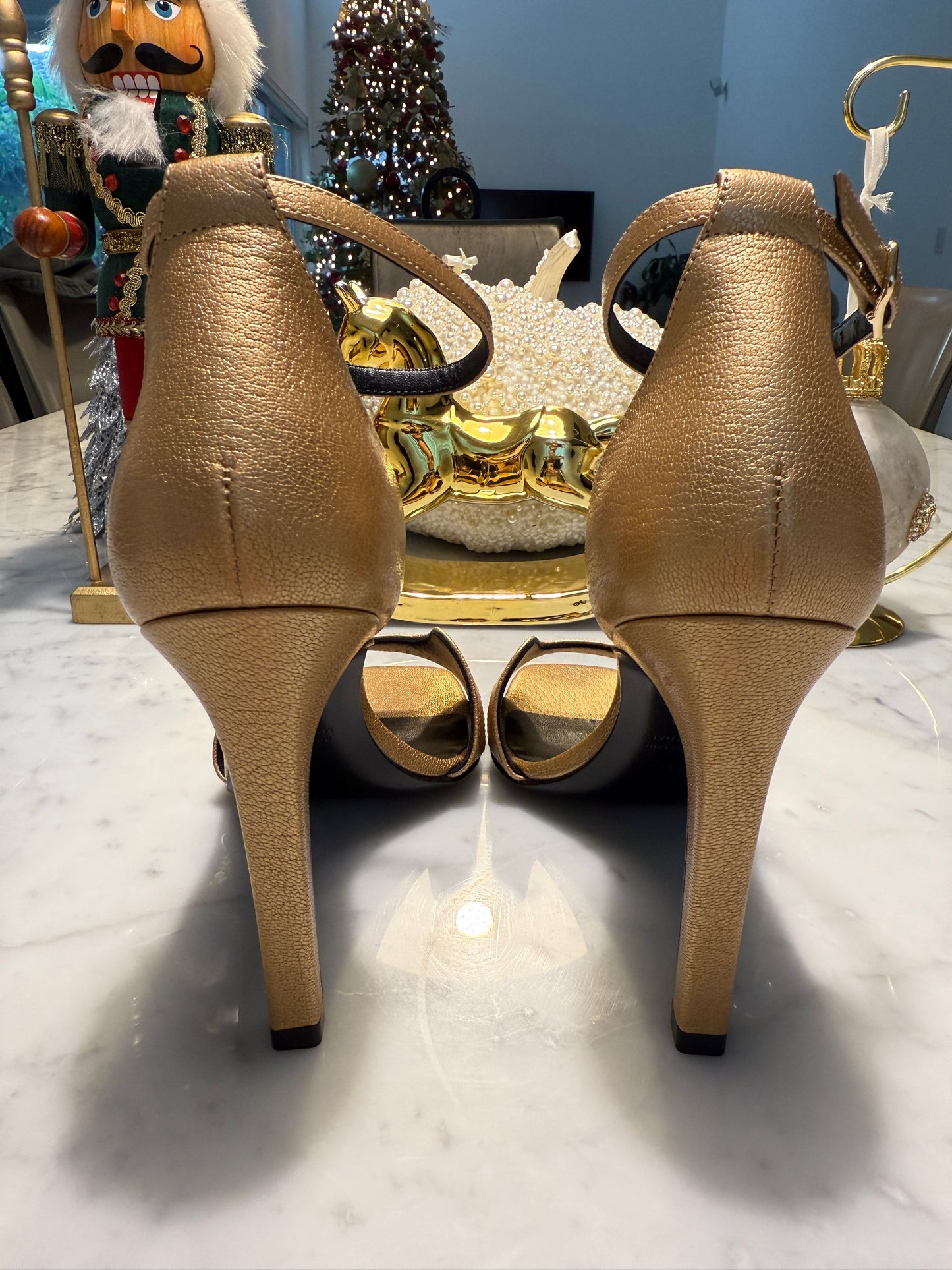 Hermes Joy 105 Dore Gold Golden Goatskin Metallic Ankle Strap Sandal Heels