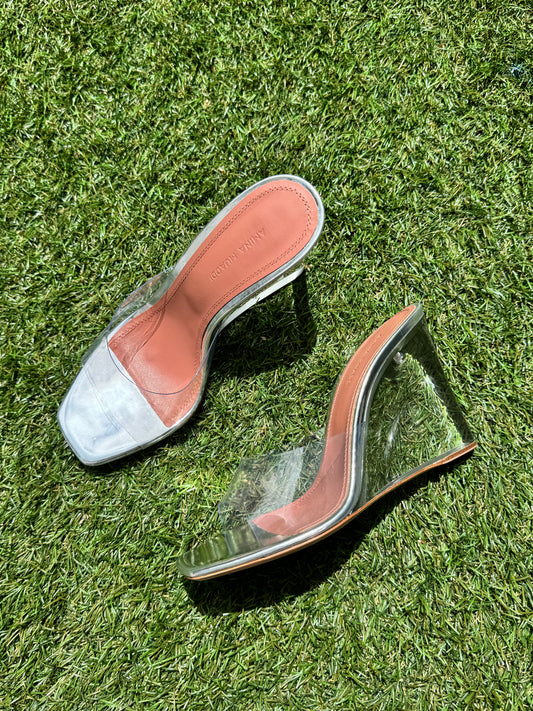 Amina Muaddi Lupita Glass Wedge PVC Clear Silver Mule Sandals Heel Shoes