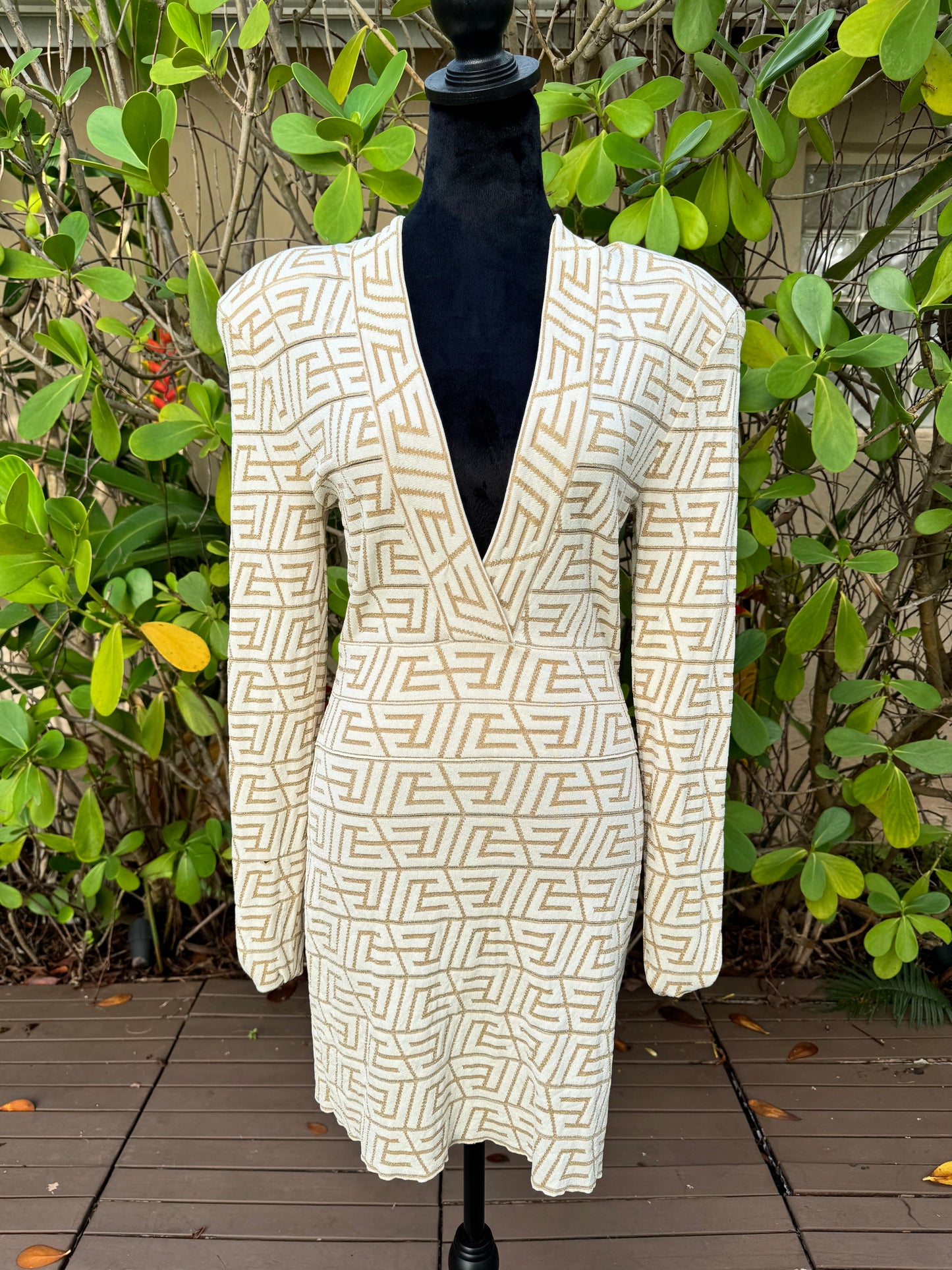 Balmain Natural Beige Gold V-neck Monogram Knitted Jacquard Mini Dress Pre-Owned