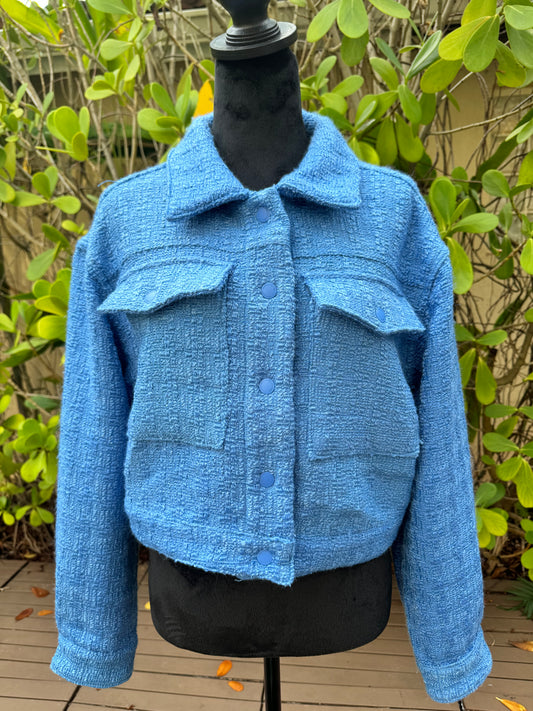 BLANKNYC Blank NYC Bright Blue Tweed Cropped Jacket Pockets