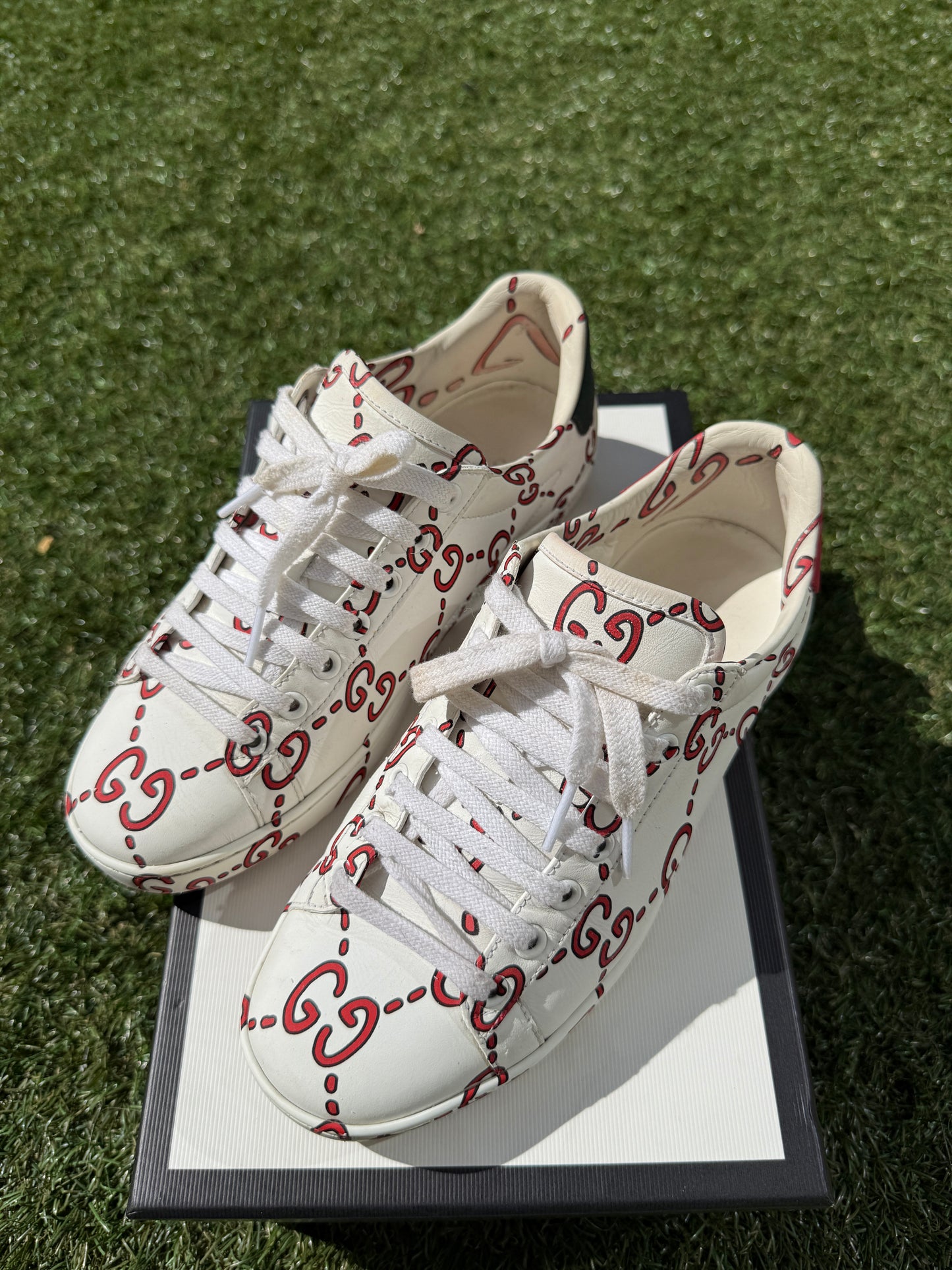 Gucci Ace Ghost GG Print Logo Monogram Red White Green Sneakers Pre-Owned