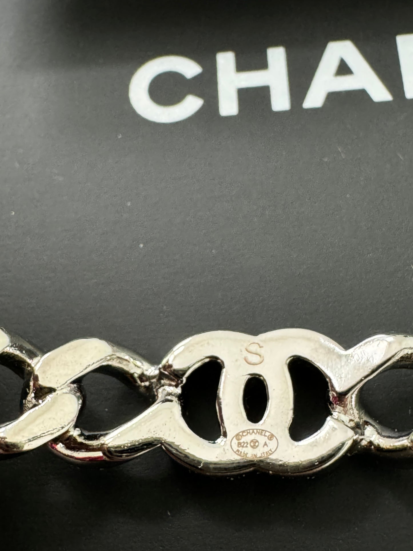 Chanel 22A Metal Silver Tone Chain Cuban Link CC Logo Cuff Bangle Bracelet S