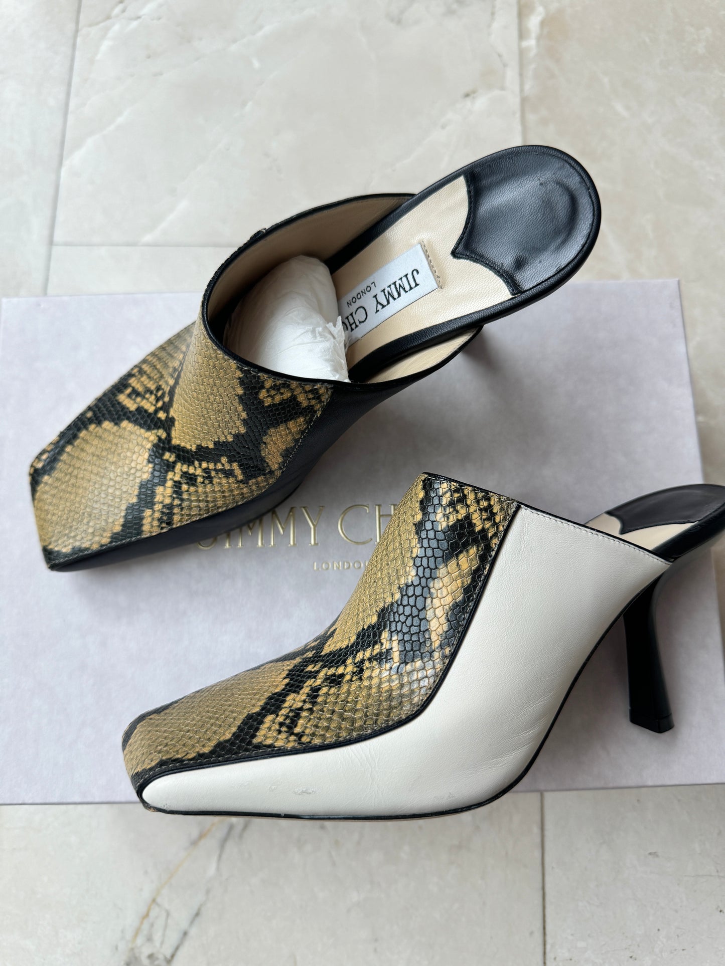 Jimmy Choo Marcel 85 smooth and snake-effect leather mules square toe pre-owned