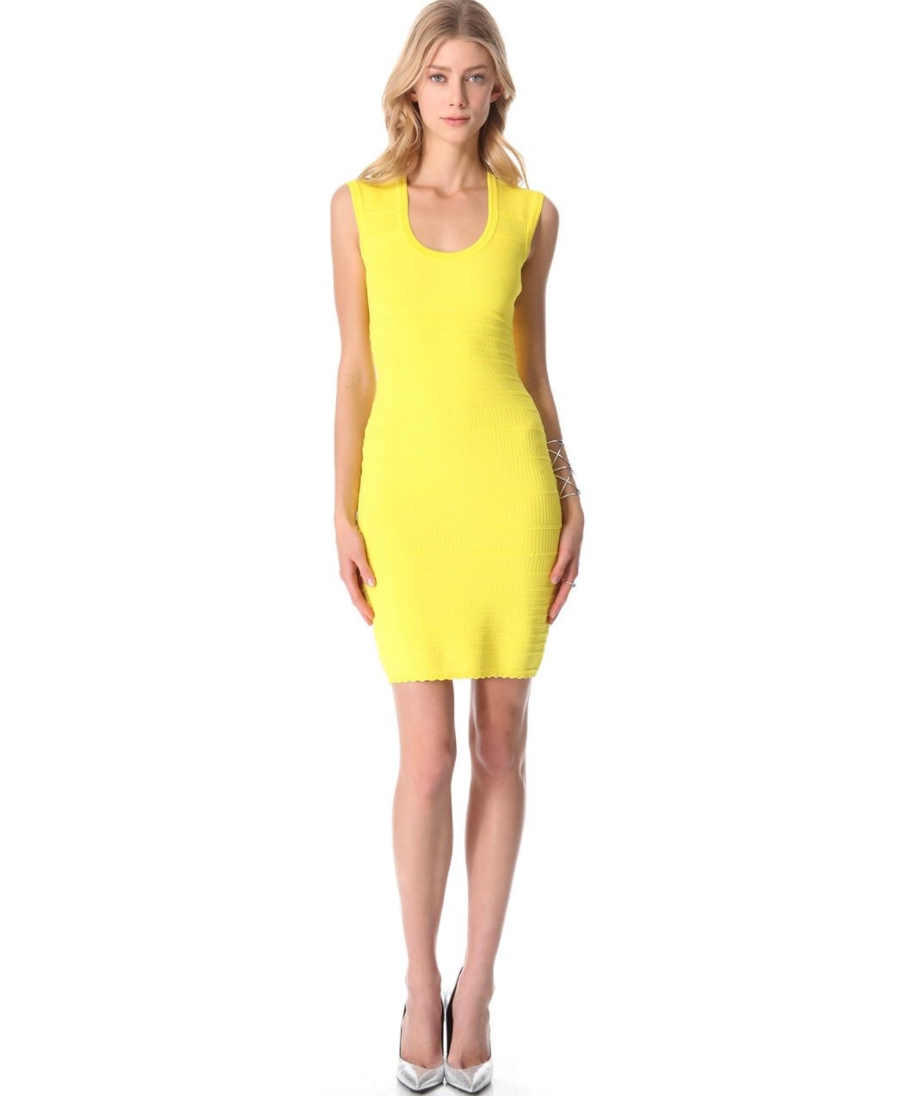 YIGAL AZROUEL Techno Knit Bright Yellow Sleeveless Ruffle Stretch Dress Pre-Owned