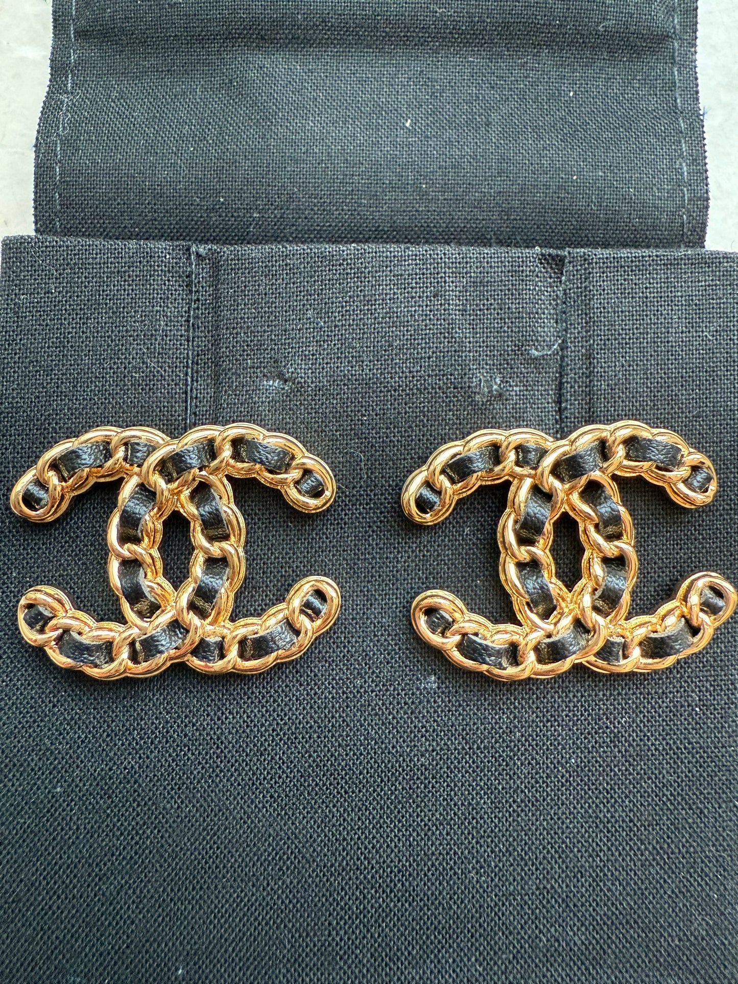 Chanel Black Lambskin Leather Chain Gold CC Logo Earrings Studs