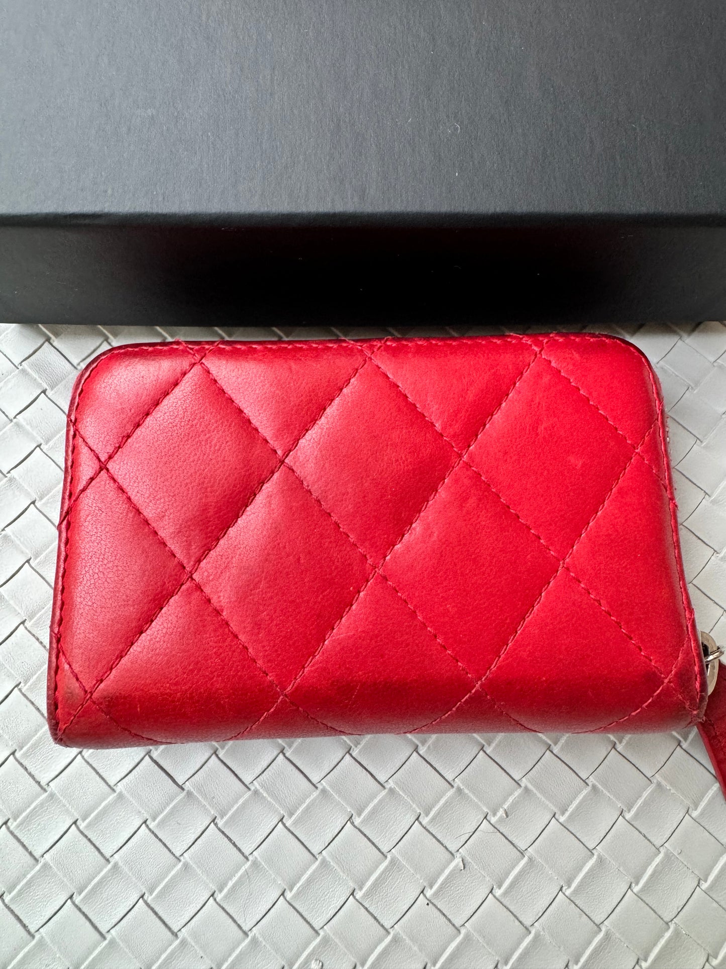 Chanel CC Lambskin Coin Holder Mini Wallet Card Case Matelasse Red Zip Quilted Pre-Owned