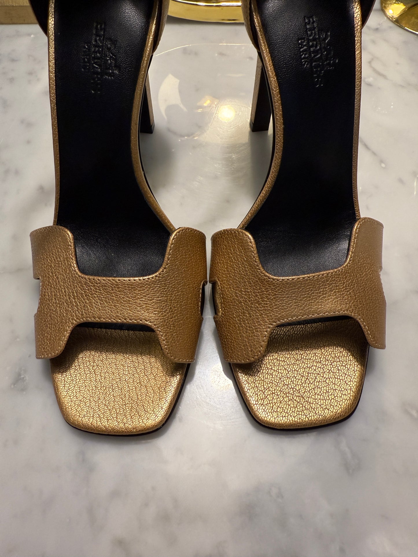 Hermes Joy 105 Dore Gold Golden Goatskin Metallic Ankle Strap Sandal Heels