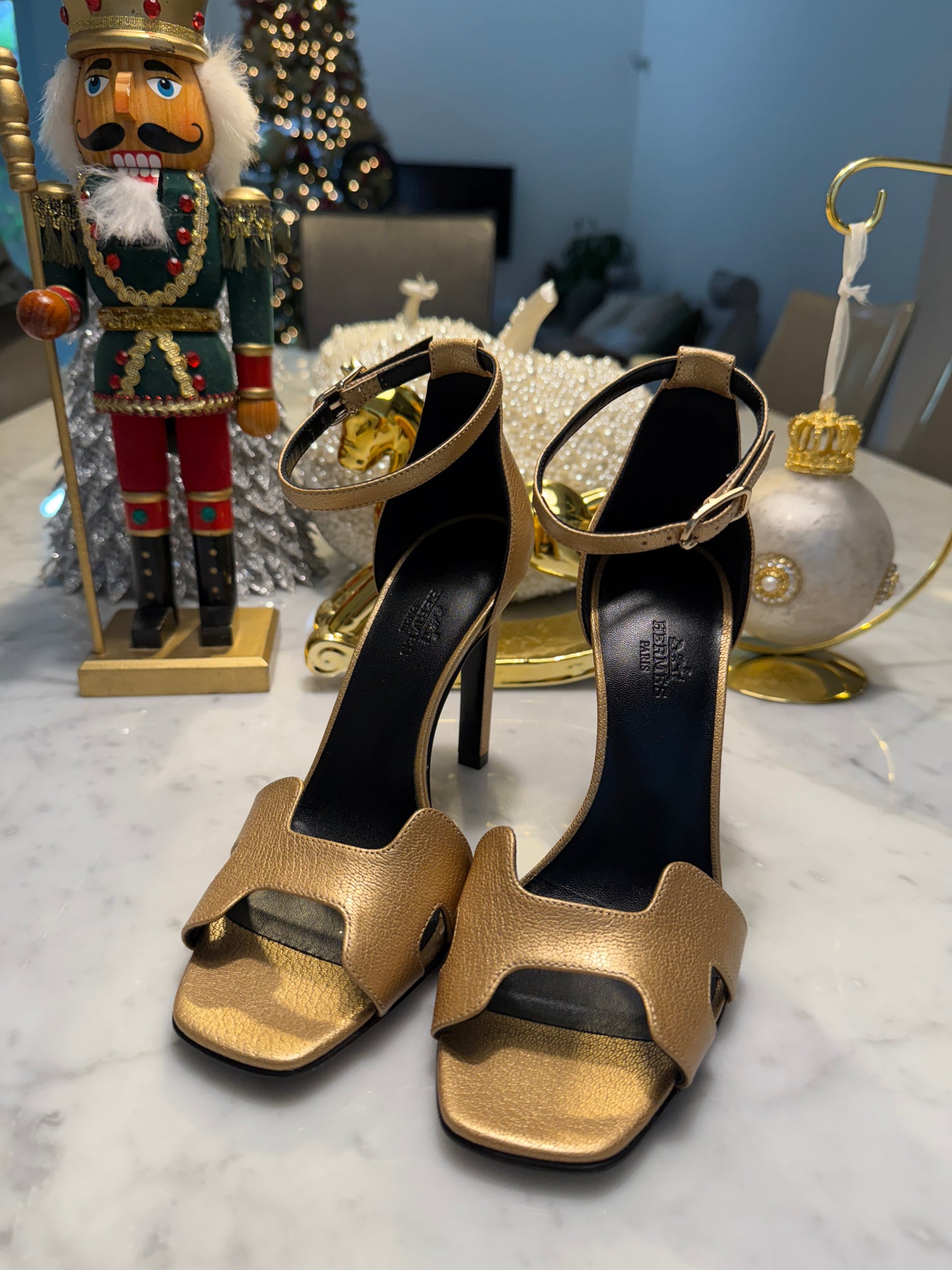 Hermes Joy 105 Dore Gold Golden Goatskin Metallic Ankle Strap Sandal Heels