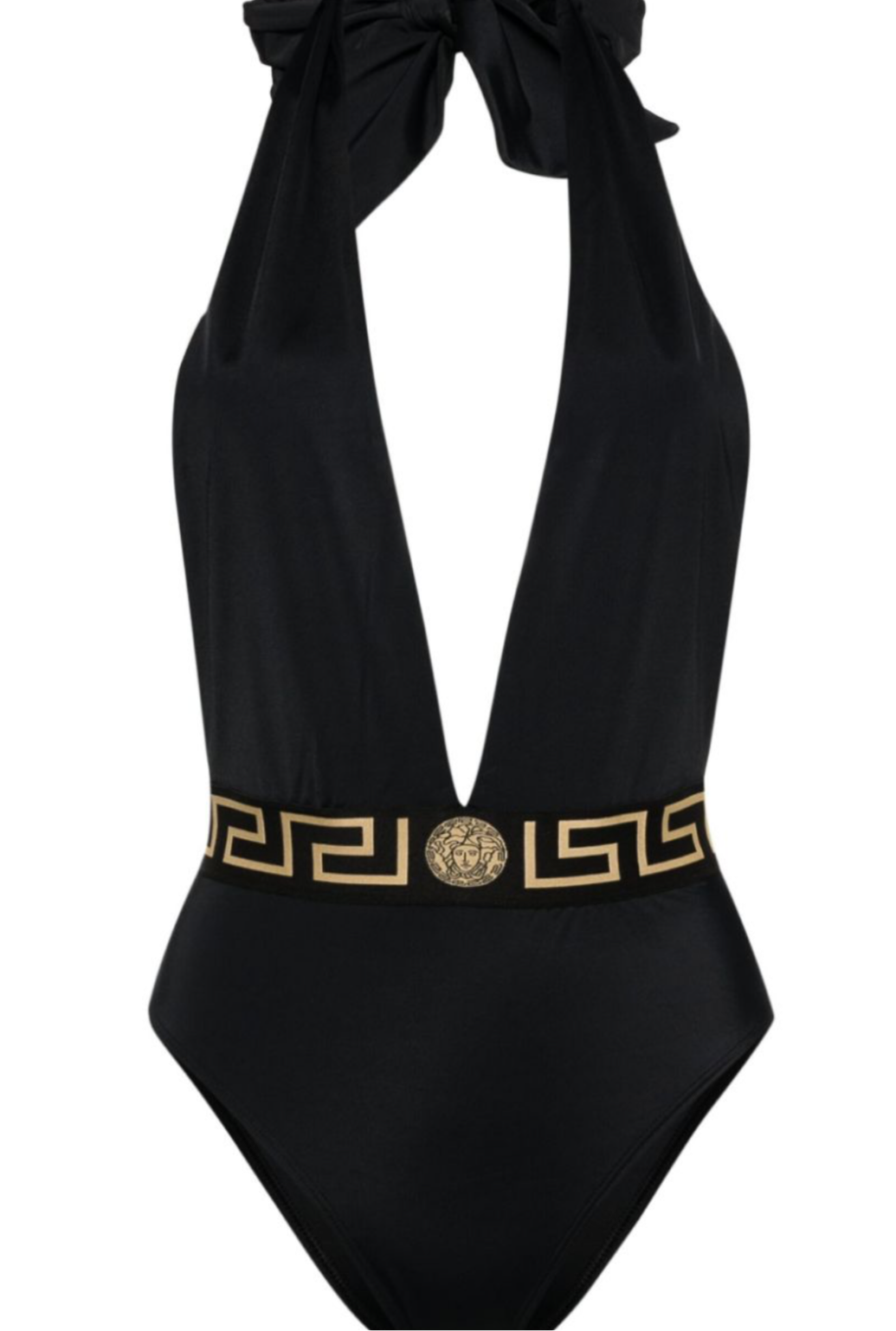 Versace Greca Border Halterneck Black Nero Gold Plunge Open One Piece Swimsuit