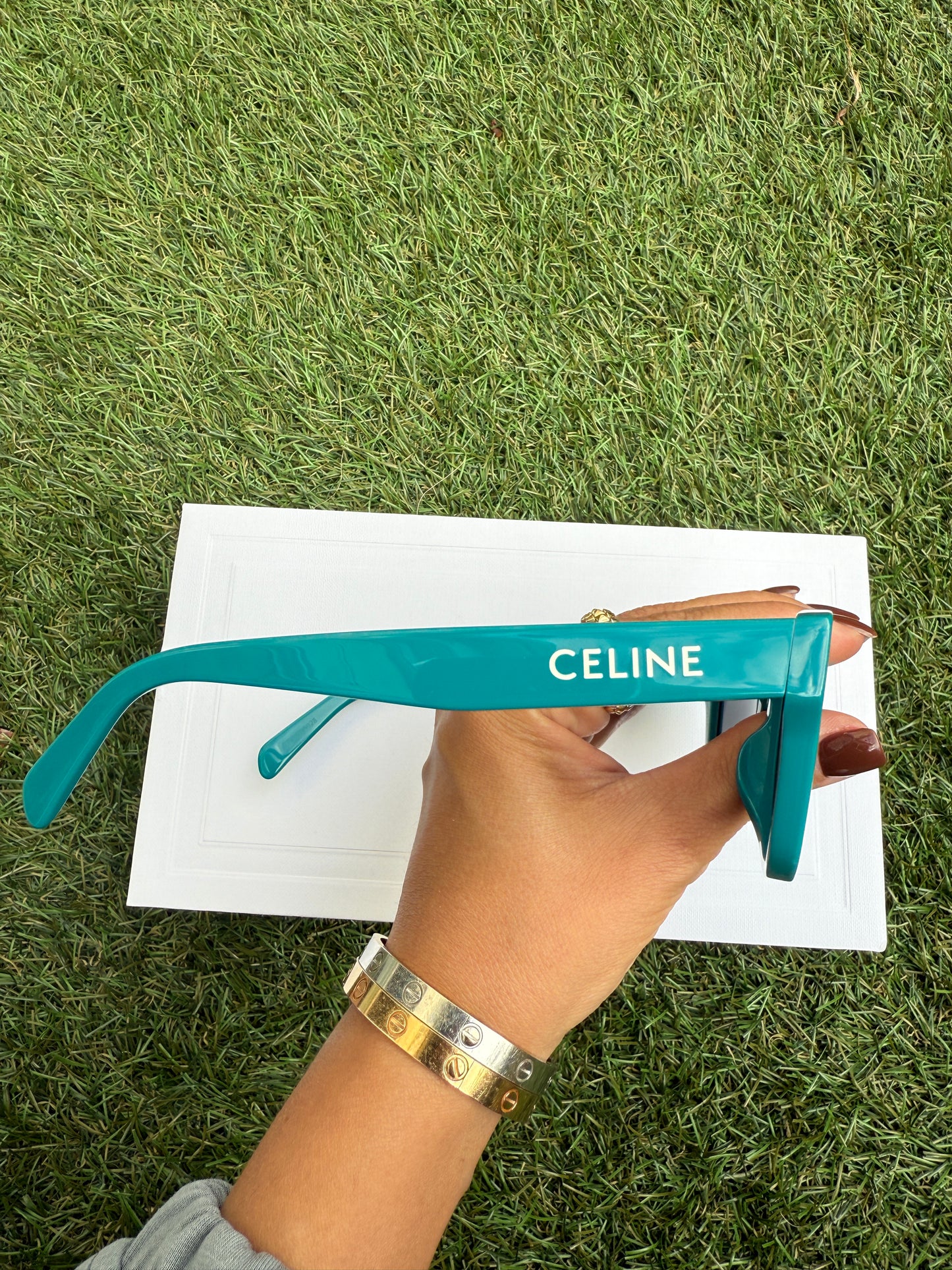 Celine MONOCHROMS 55mm Square Shiny Turquoise Smoke Green Sunglasses CL40249U