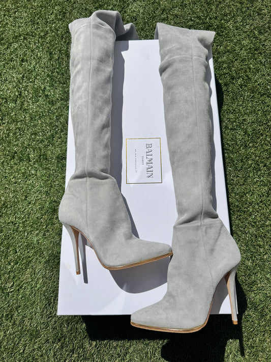 $3K Balmain 110 Catherine Stretch Over The Knee Thigh High Gray Suede Boots