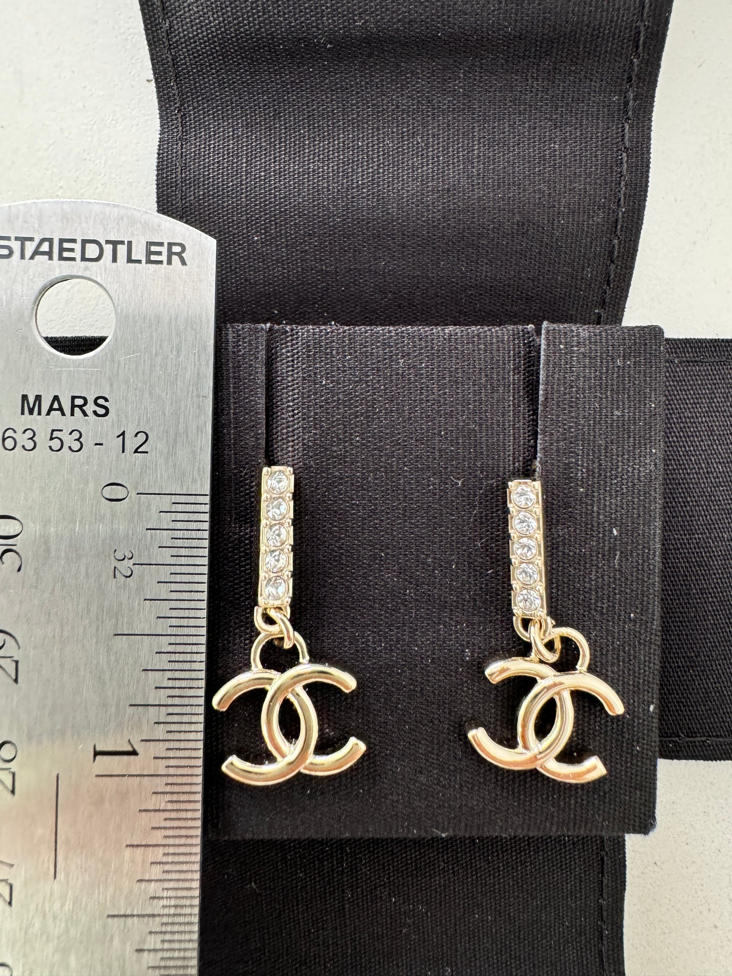 CHANEL 24P GOLD TONE METAL STUDDED CC LOGO WHITE CRYSTALS DANGLE DROP EARRINGS