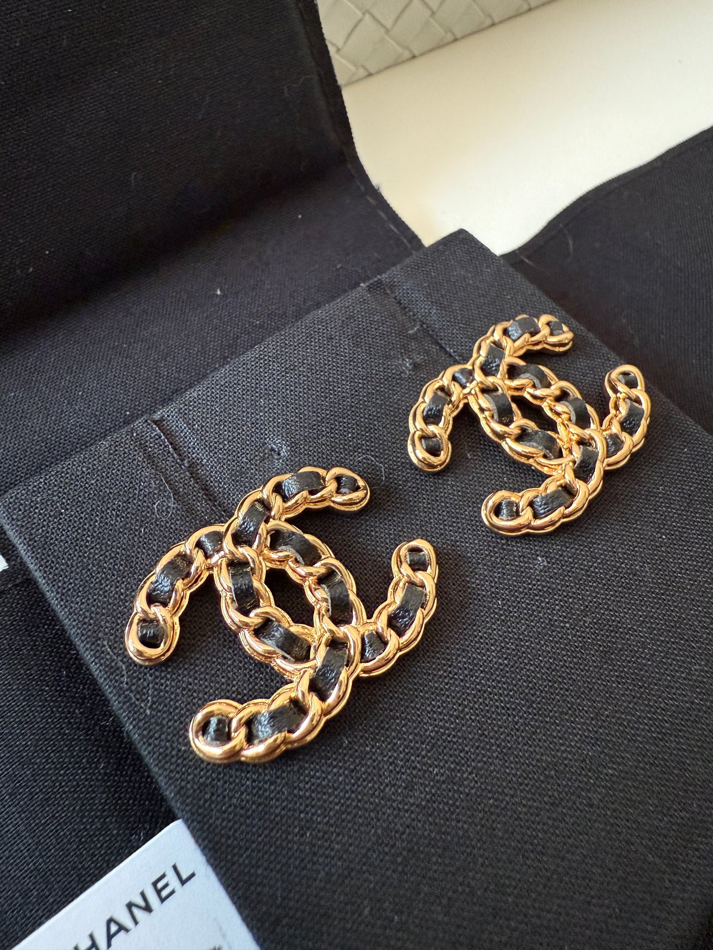 Chanel Black Lambskin Leather Chain Gold CC Logo Earrings Studs