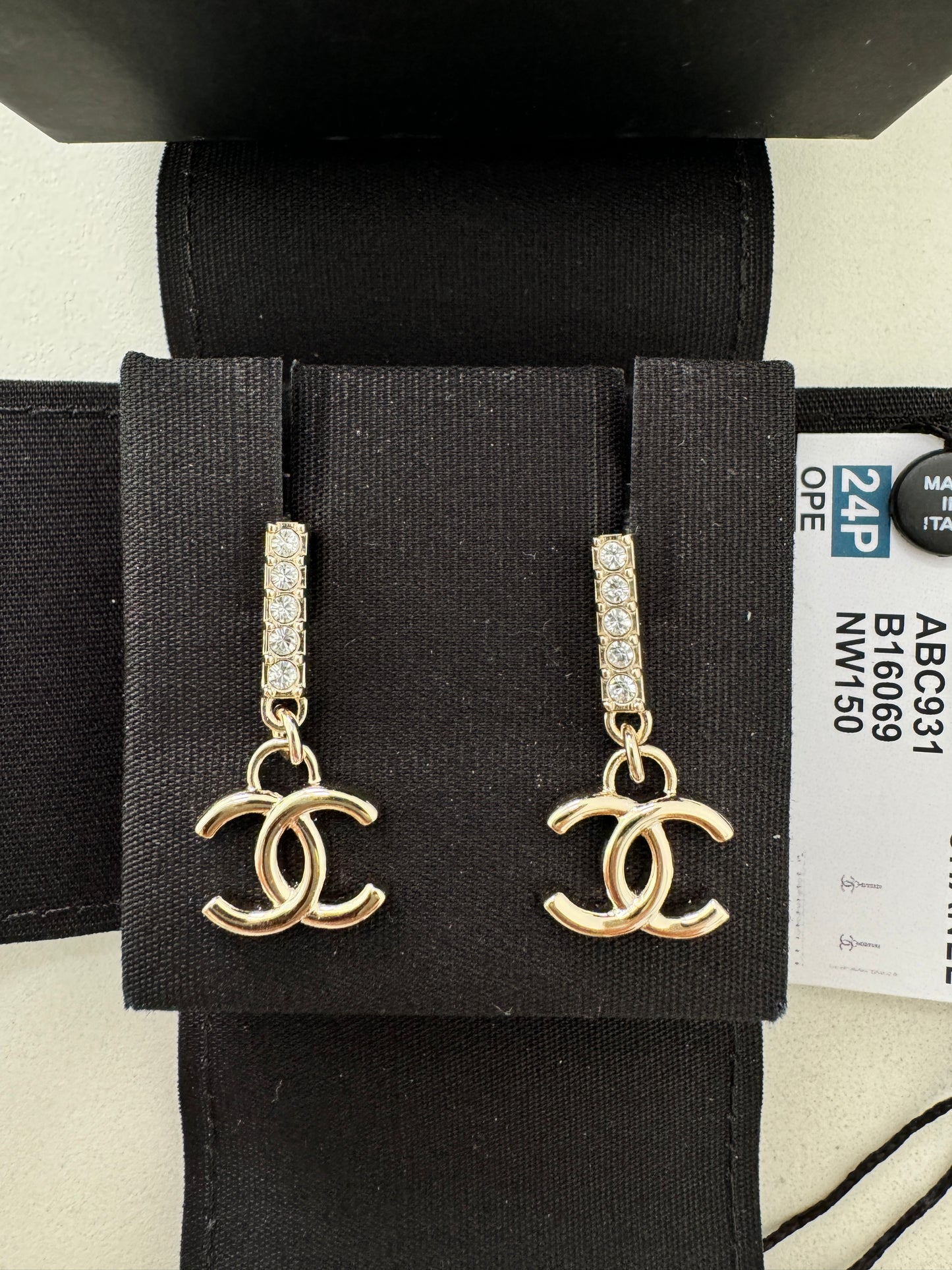 CHANEL 24P GOLD TONE METAL STUDDED CC LOGO WHITE CRYSTALS DANGLE DROP EARRINGS